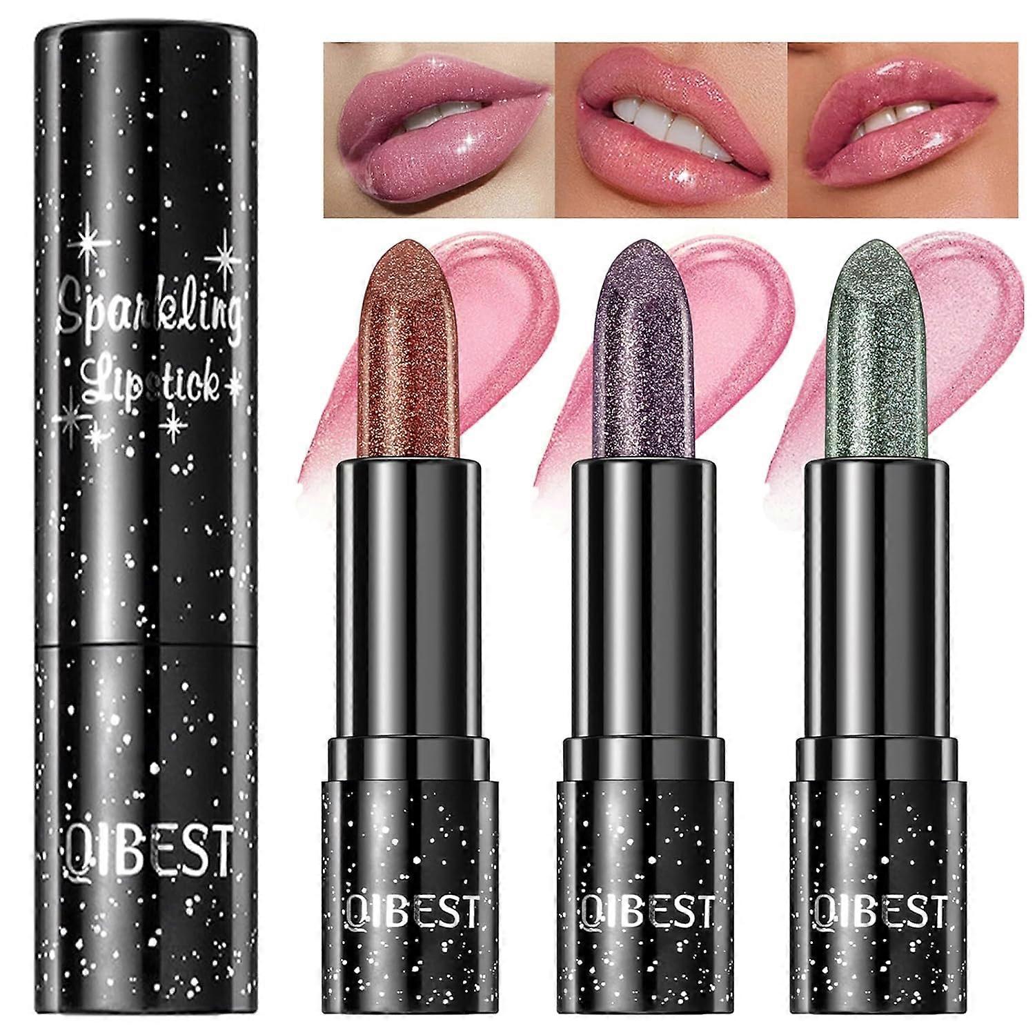 Sparkling Lipstick Color Changing Lip Gloss, 3Pcs Non-sticky Moisturizer Lip Balm, Magic PH Temperature Color Changing Lipstick
