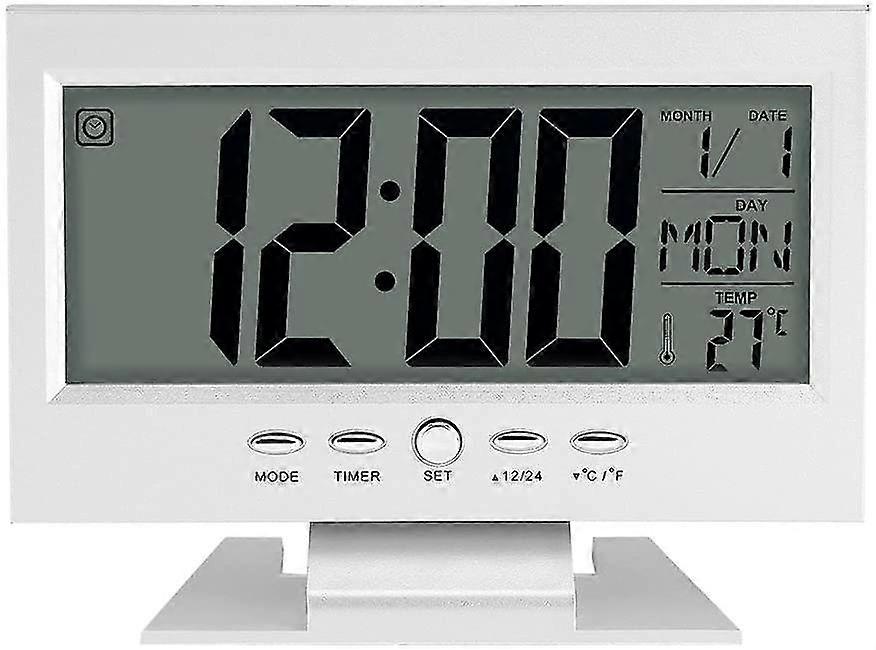 Large Lcd Display Digital Sound Sensor Desk Alarm Clock (silver) With Smart Night Light And Snooze T