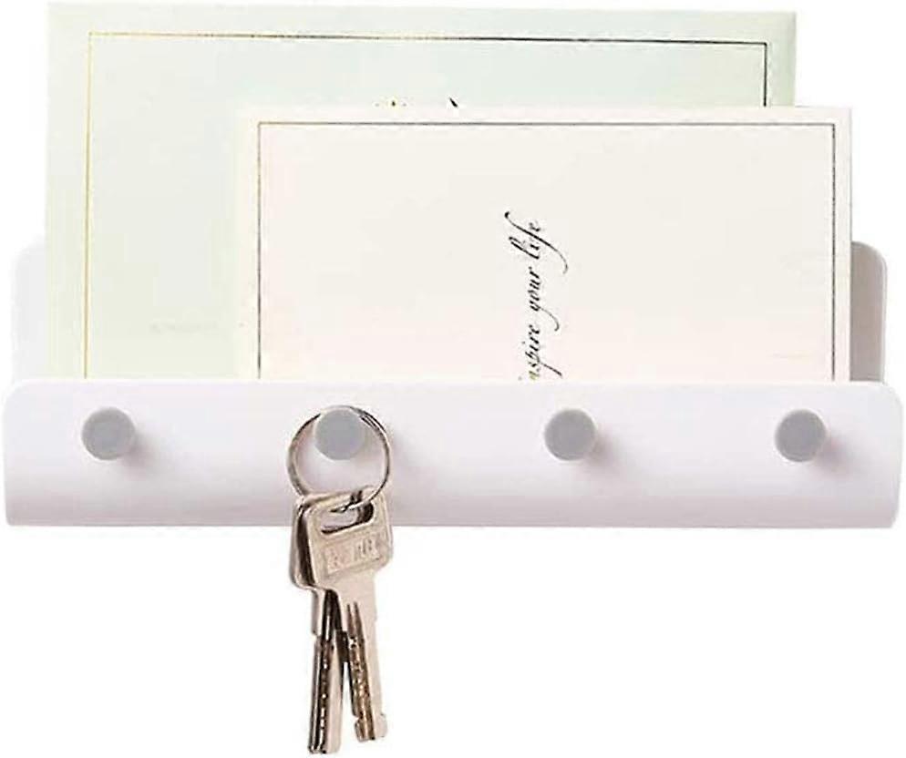 Modern Mail Holder and Key Rack Wall Mounted, Letter Post Organizer with 4 Key Hooks and 2 Pack 3M Self Adhesive Tape, Letter Box, Mail Porch Shelf, W