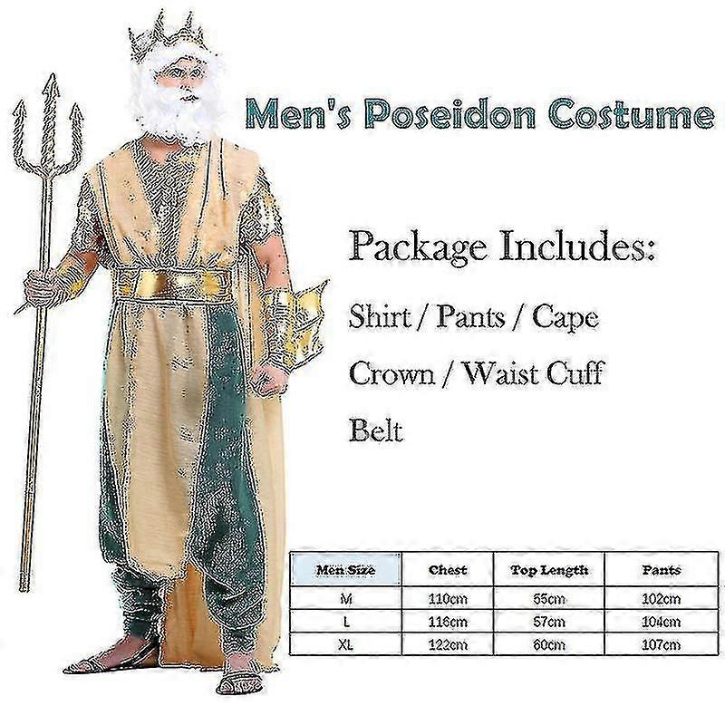 Poseidon Costume Set - 5 Piece Sea God Kit With Mermaid Scale Pants, Muscle Shirt, Trident, Crown & Beard For Halloween & Cosplay