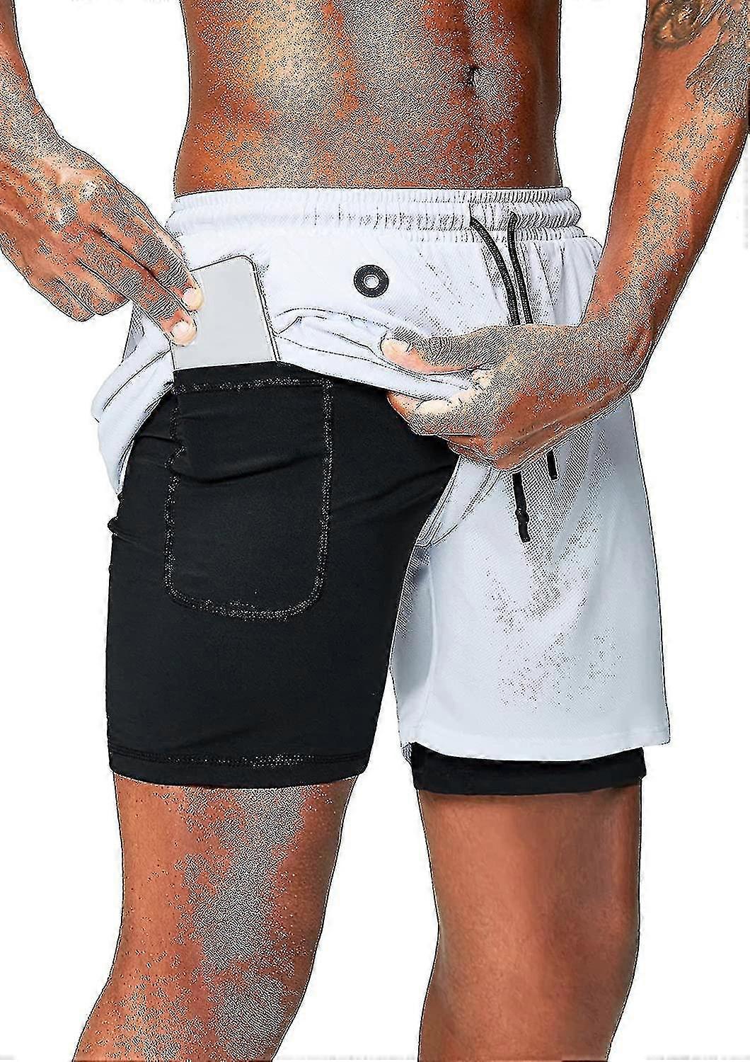 2 In 1 Running Shorts With Phone Pocket Gym Workout Quick Dry Mens Shorts 5 Inch