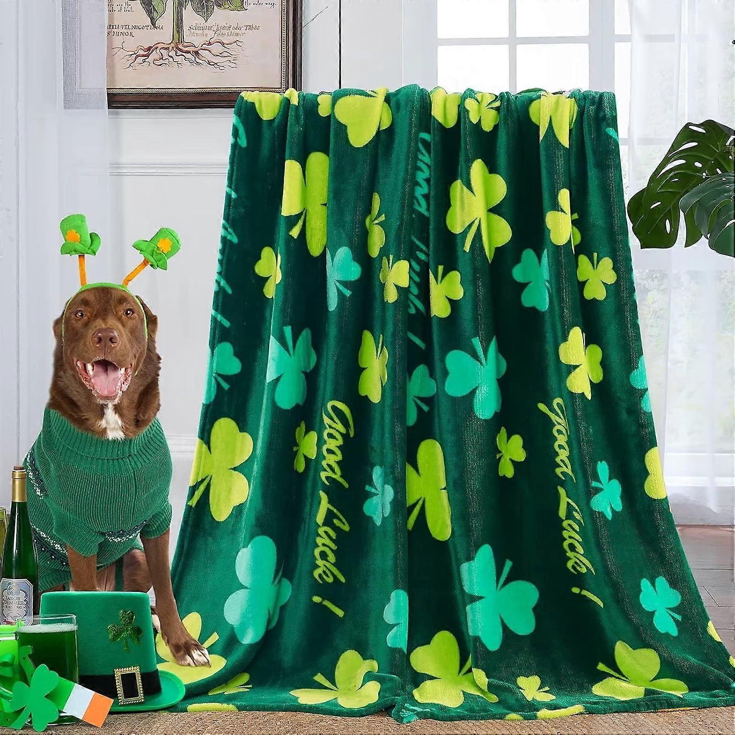 St Patricks Day Throw Blanket 50\u201d X 60\u201d, Clovers and Shamrocks Design Super Soft Flannel Fleece Blanket, Green Gnome Leaf Saints Blanket Dec