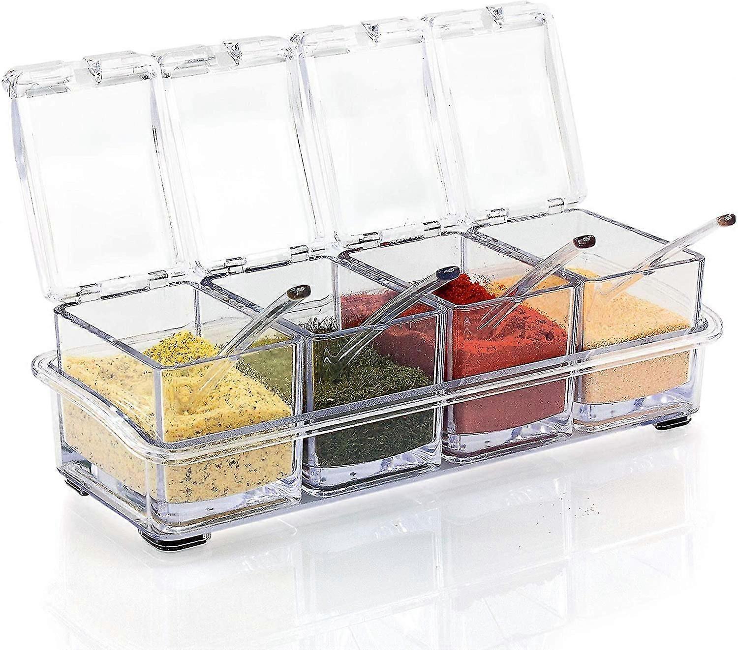 Seasoning Box, Clear Acrylic Spice Pots Storage Container Jars With Spoons | Make Cooking Simple | 4-piece Set