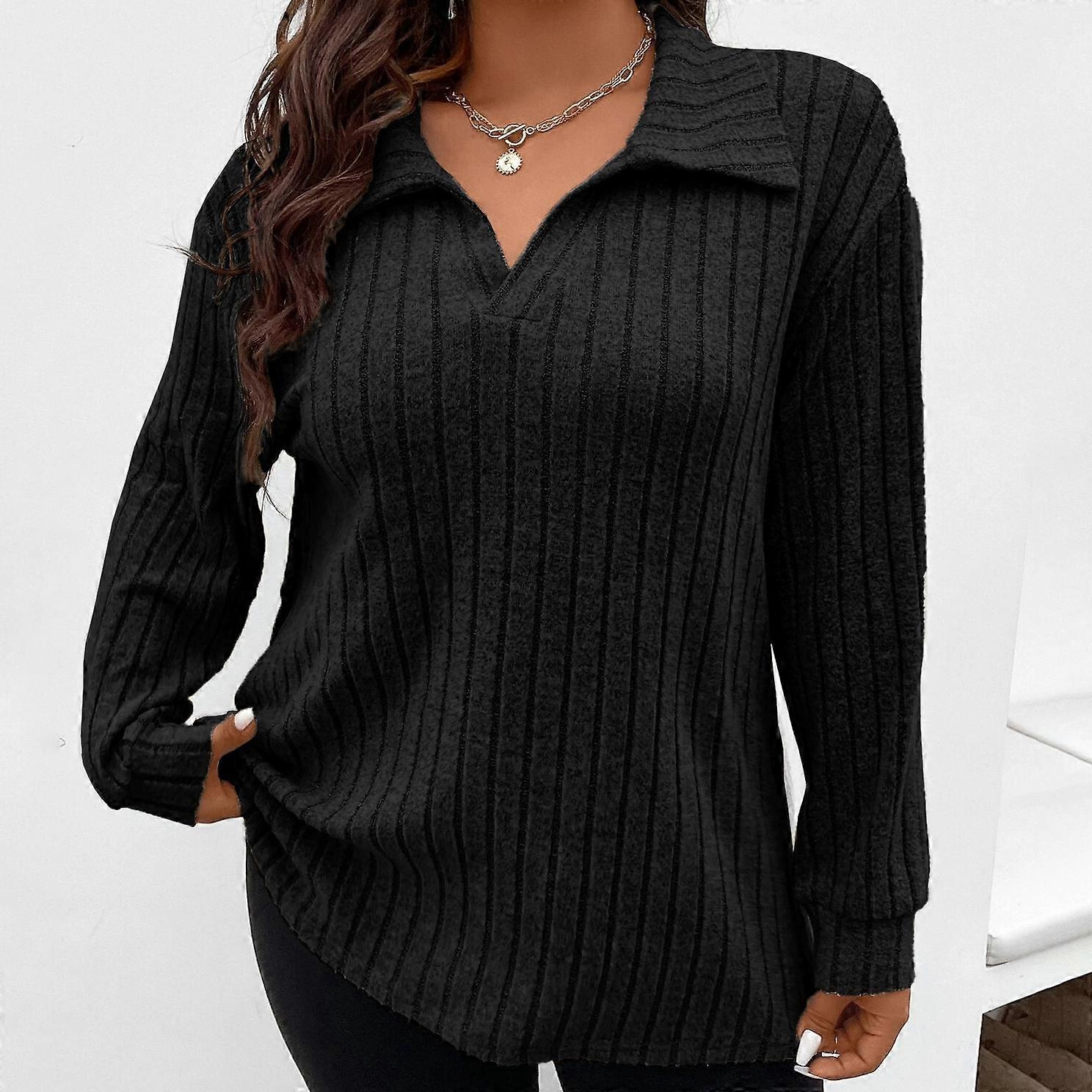 Autumn and Winter Models of Solid Color Large Size Loose Women's Blouse V-shaped Lapel Long-sleeved Pit Strip Brushed T-shirt