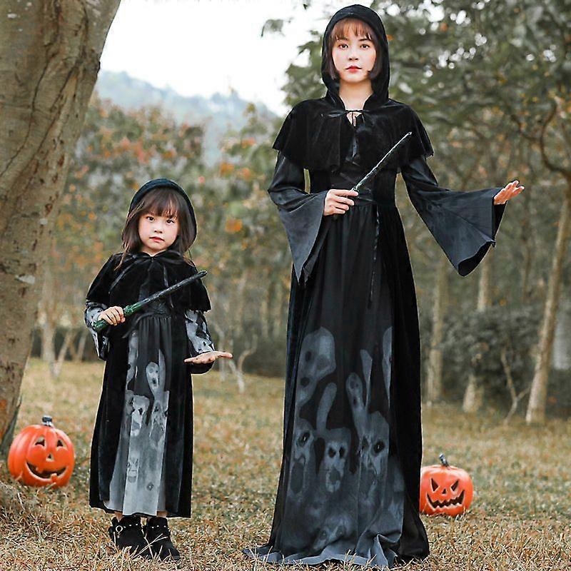 Halloween parent-child cosplay costume black glow-in-the-dark skeleton print witch evil hooded cape robe