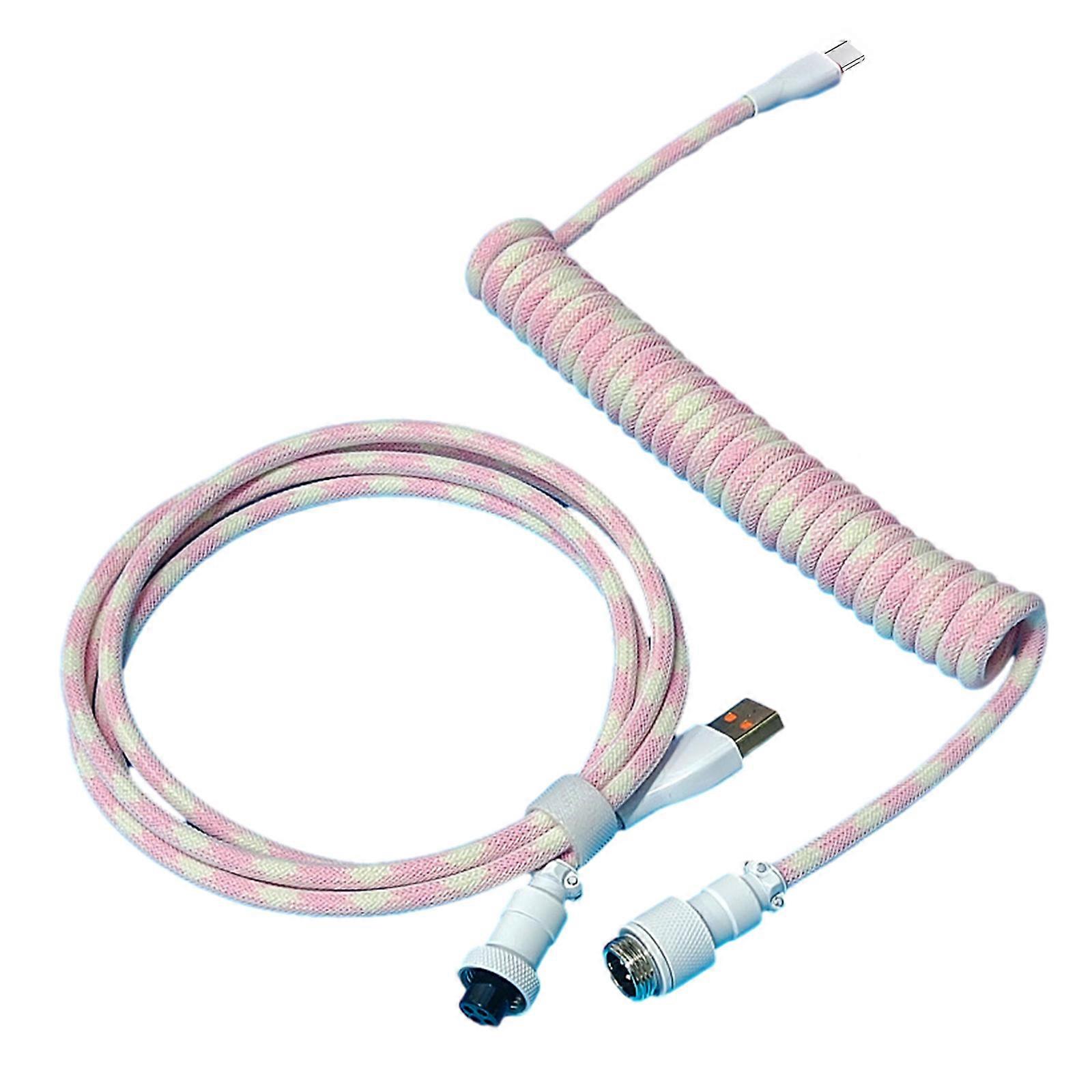 Computer Game Keyboards Cable, Coiled Aviation Cable for Mechanical Keyboards , TypeC to USB-A Removable Aviation Plug Pink and white