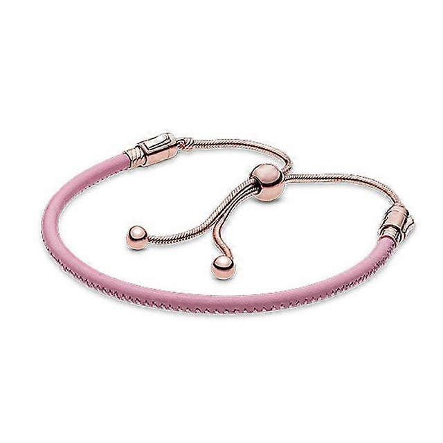 Authentic S925 Sterling Silver Simple Pink Leather Rope Bracelet Suitable For Women 'S Diy Jewelry Original Charm