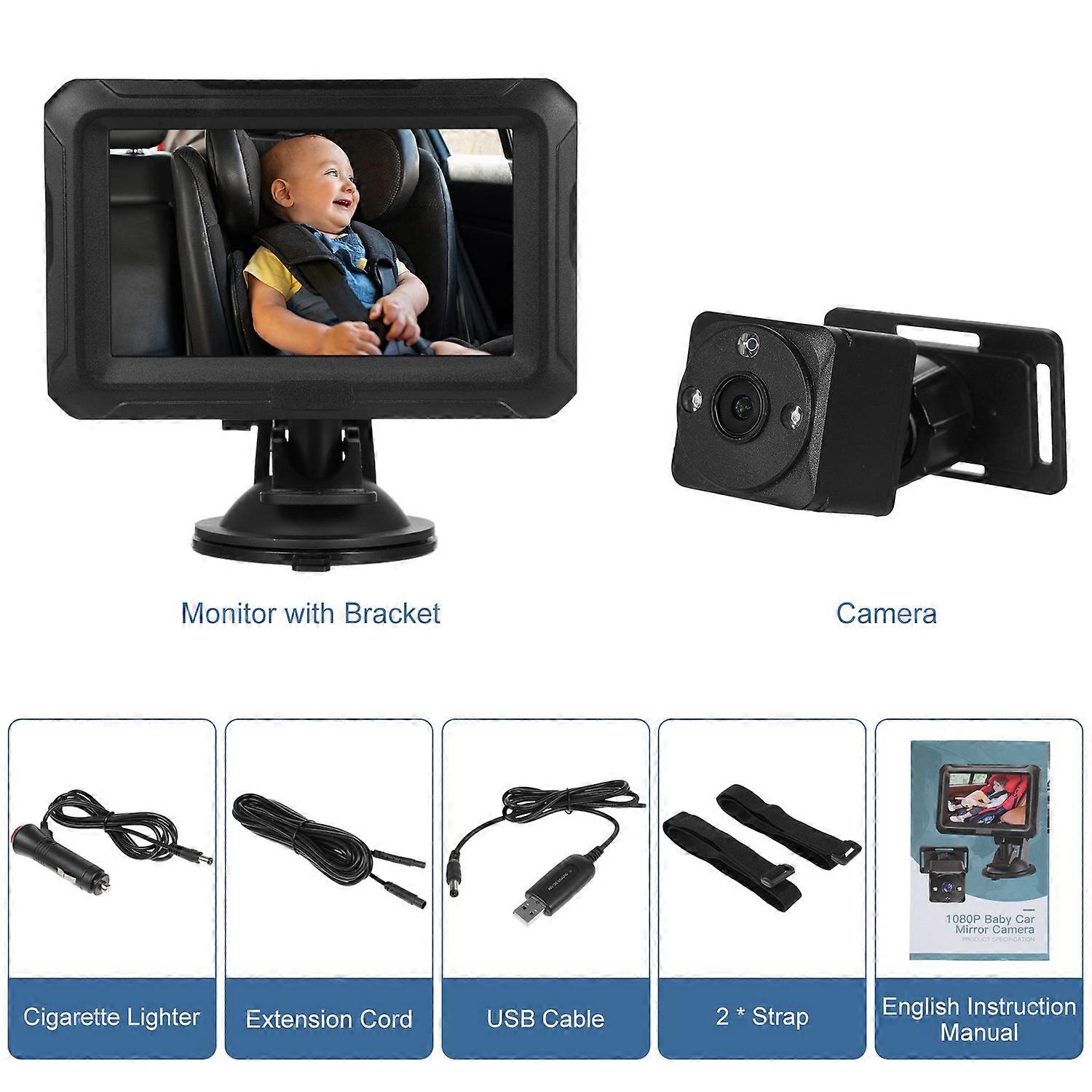 1080P Baby Car Camera, 4.3" Baby Monitor with Night Vision Function and 150° Wide View Angle, 360° R