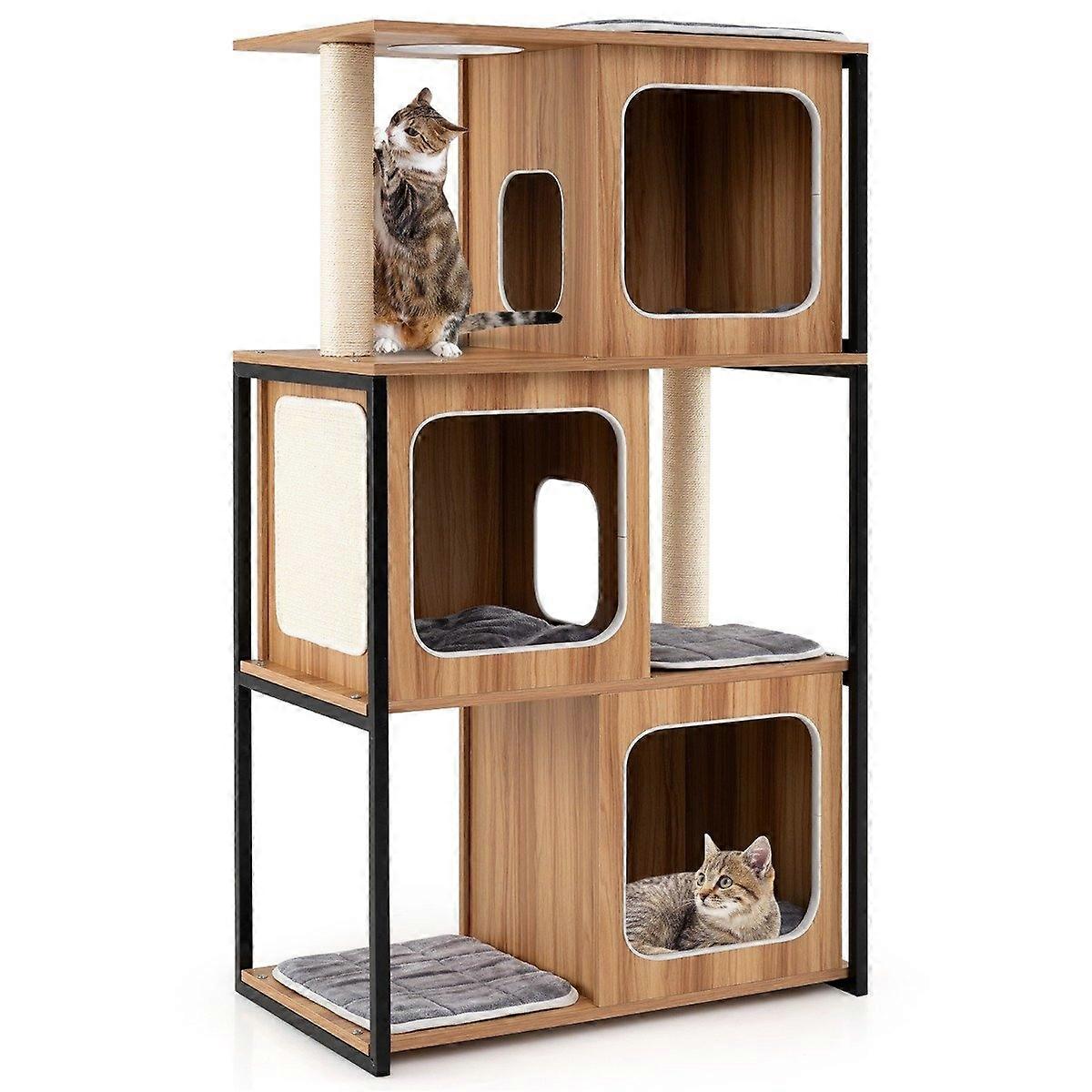 2-in-1 Cat House with 3-Tier Scraper with Removable Pillows and Cat Cave