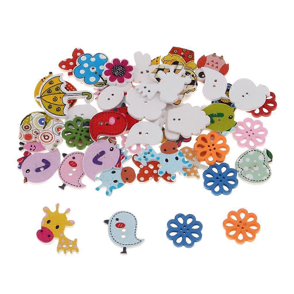 50 Mixed Cartoon Animals Wooden Buttons Deco Buttons Craft Buttons for