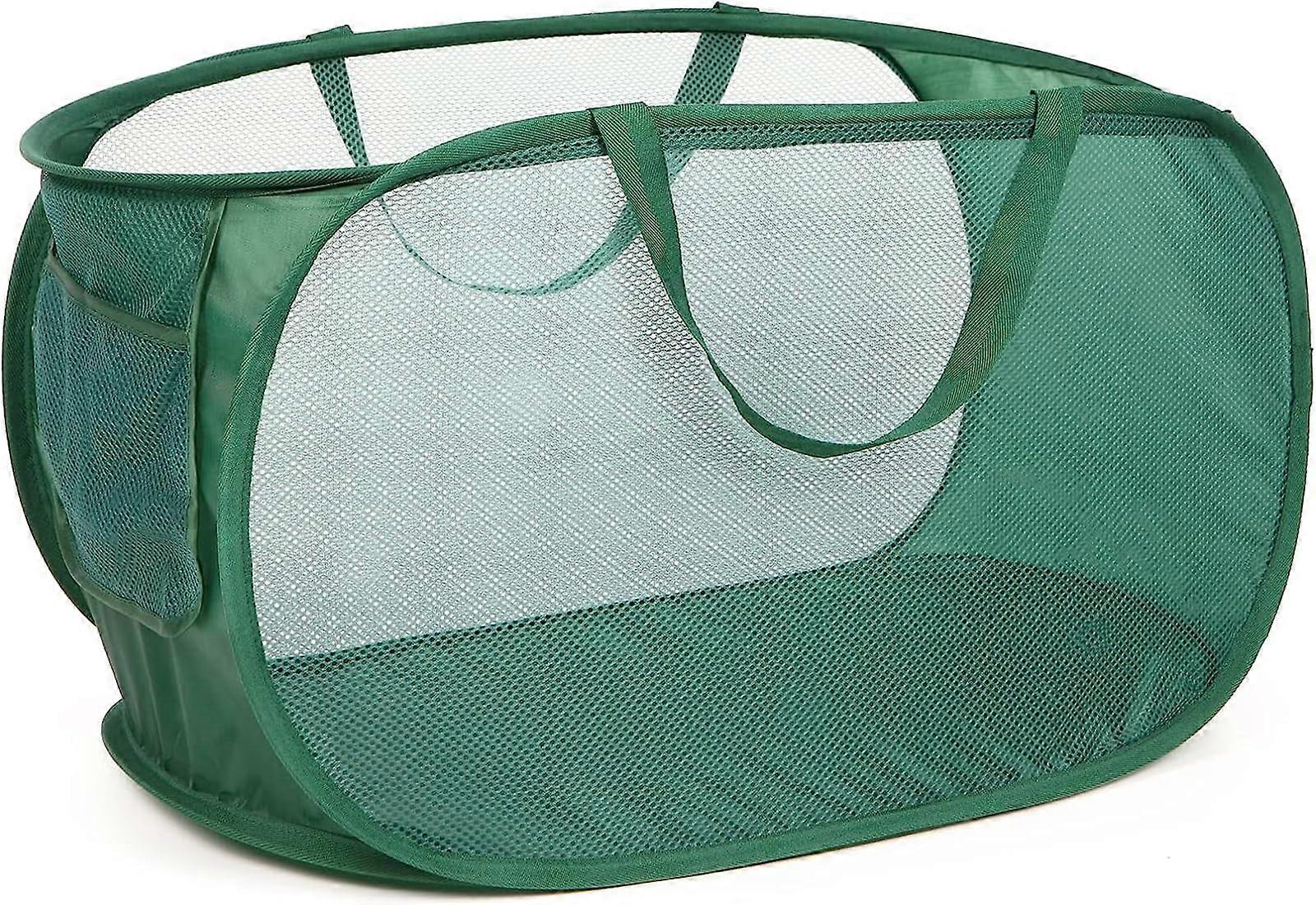Mesh Pop Up Laundry Basket, Foldable Green Laundry Hamper with Side Pockets, Compact Design for Easy Storage, 1 Pack