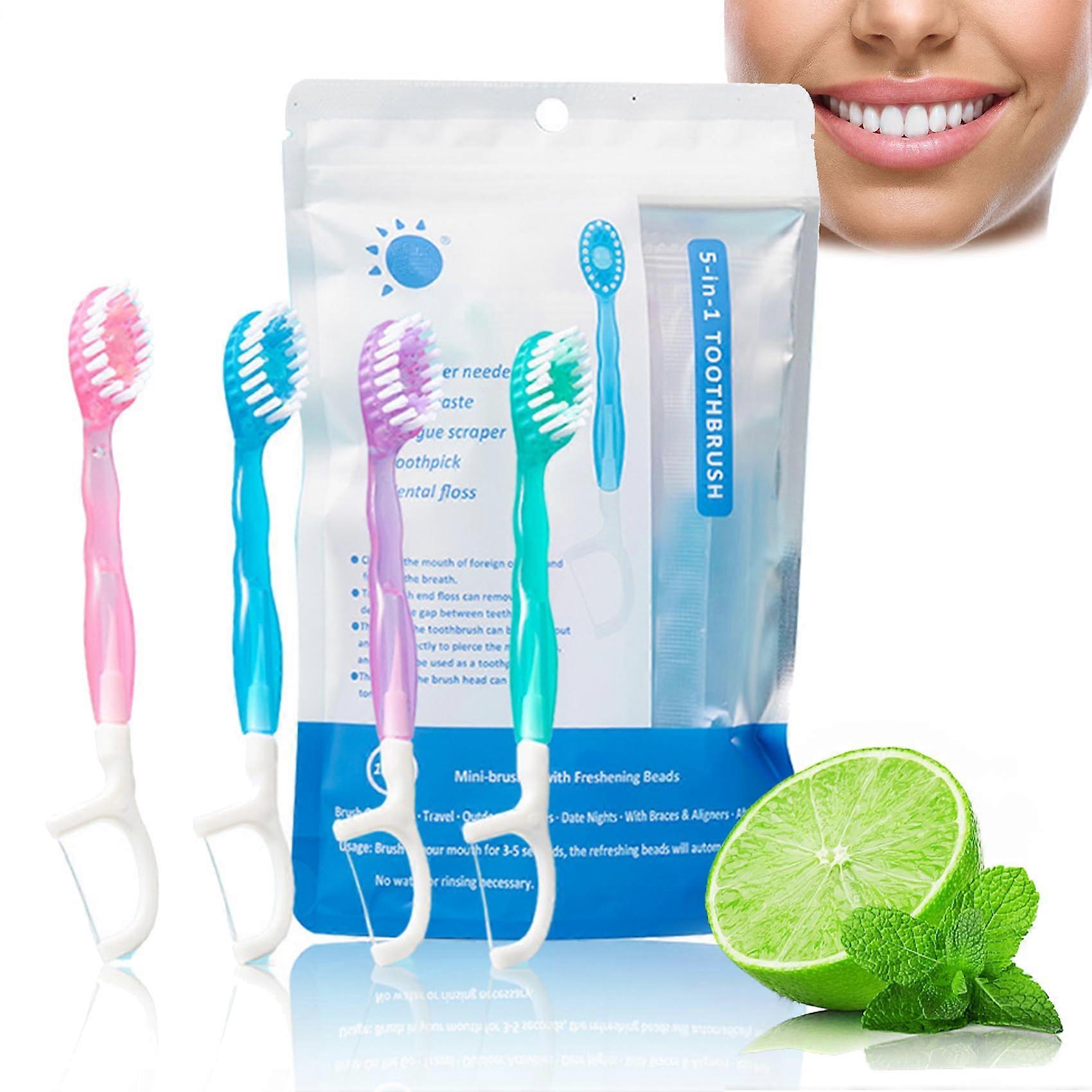 26Pack 5 in 1 Mini Toothbrush  Floss  Tongue Scraper  Toothpick Set, Travel Set, MultiFlavor