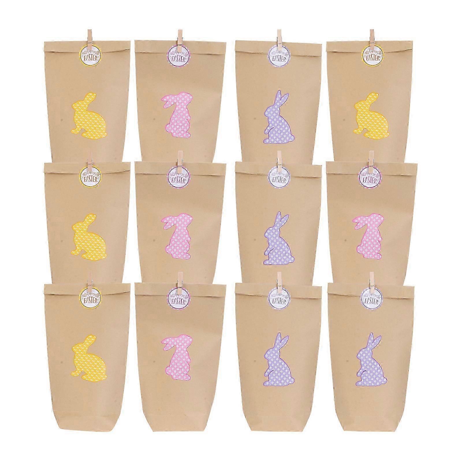 12 Sets Easter Themed Wrapping Paper Bag Candy Gift Bag Rabbit Sticker Bag