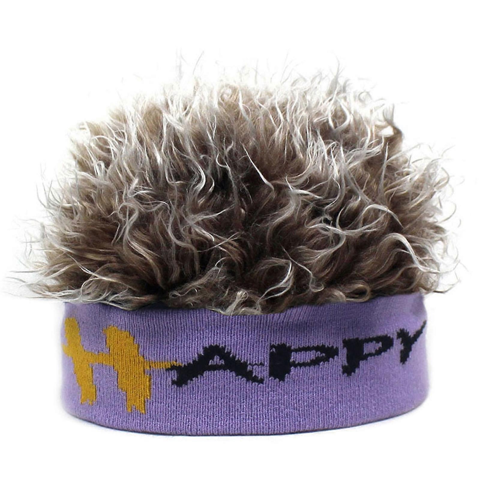 Jacquard Letter Pattern Hairband Elastic Beanie Hat with Spiked Wig Trendy and Durable Hat for Y2k Teenagers Adults  purple brown
