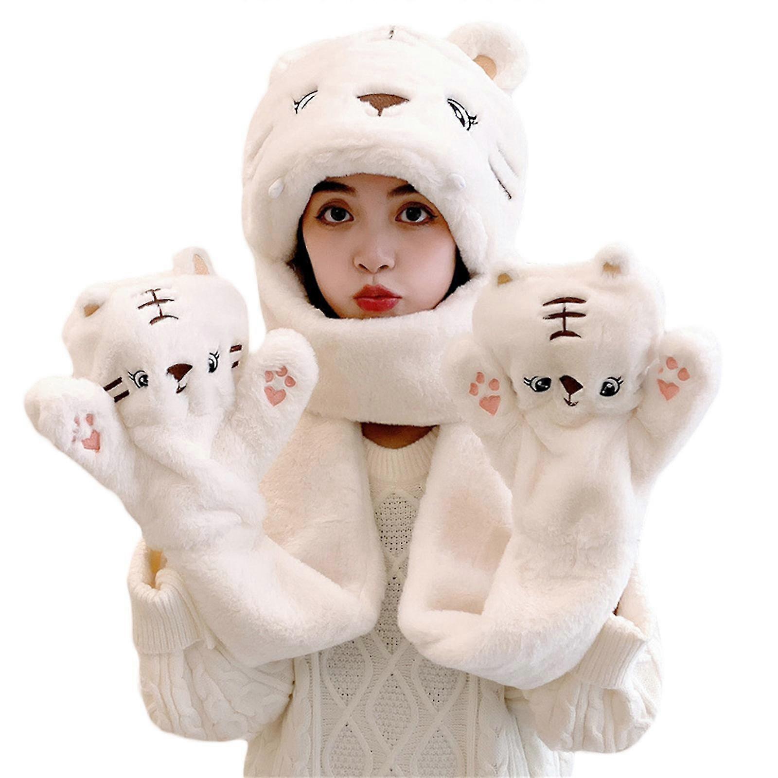 Fleece Tiger Hat Scarf Gloves Set with Earflaps & Pocket