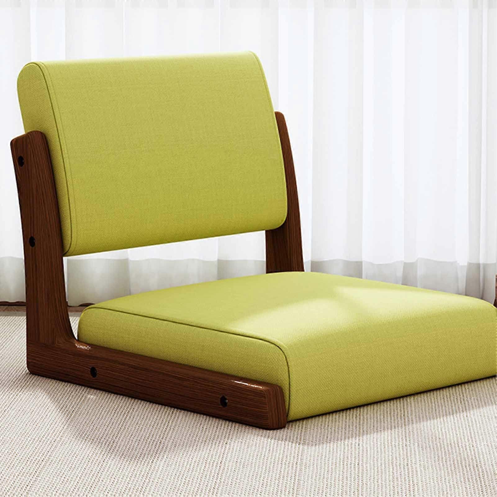 Legless Chair with Backrest, Solid Wood Stool, Cotton Linen Padding Green 484536cm