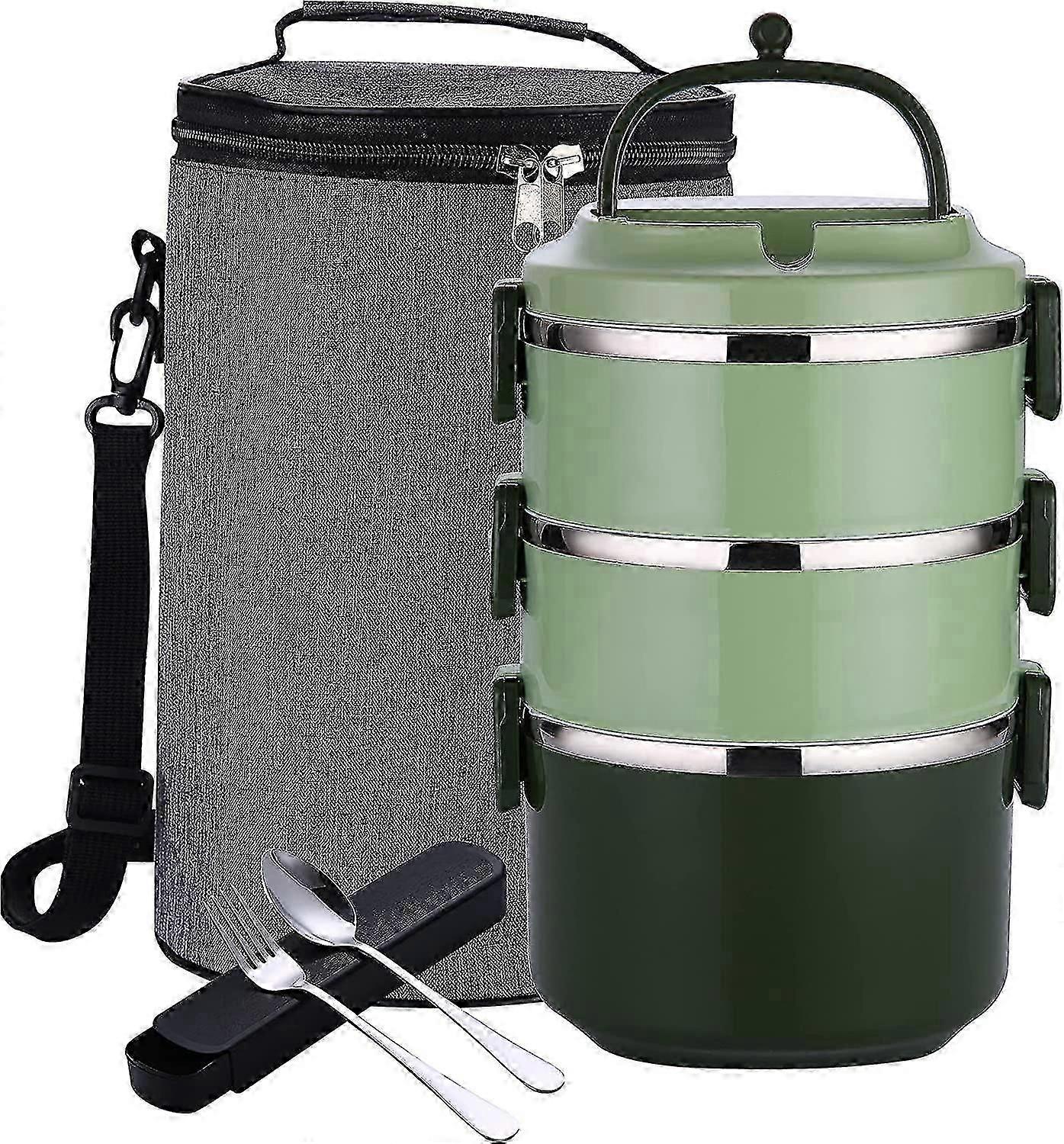 Stackable Lunch Box, 3 Tier rustfritt stål termisk Bento matboks med lunsj bag og redskaper (grønn, 3 tier)
