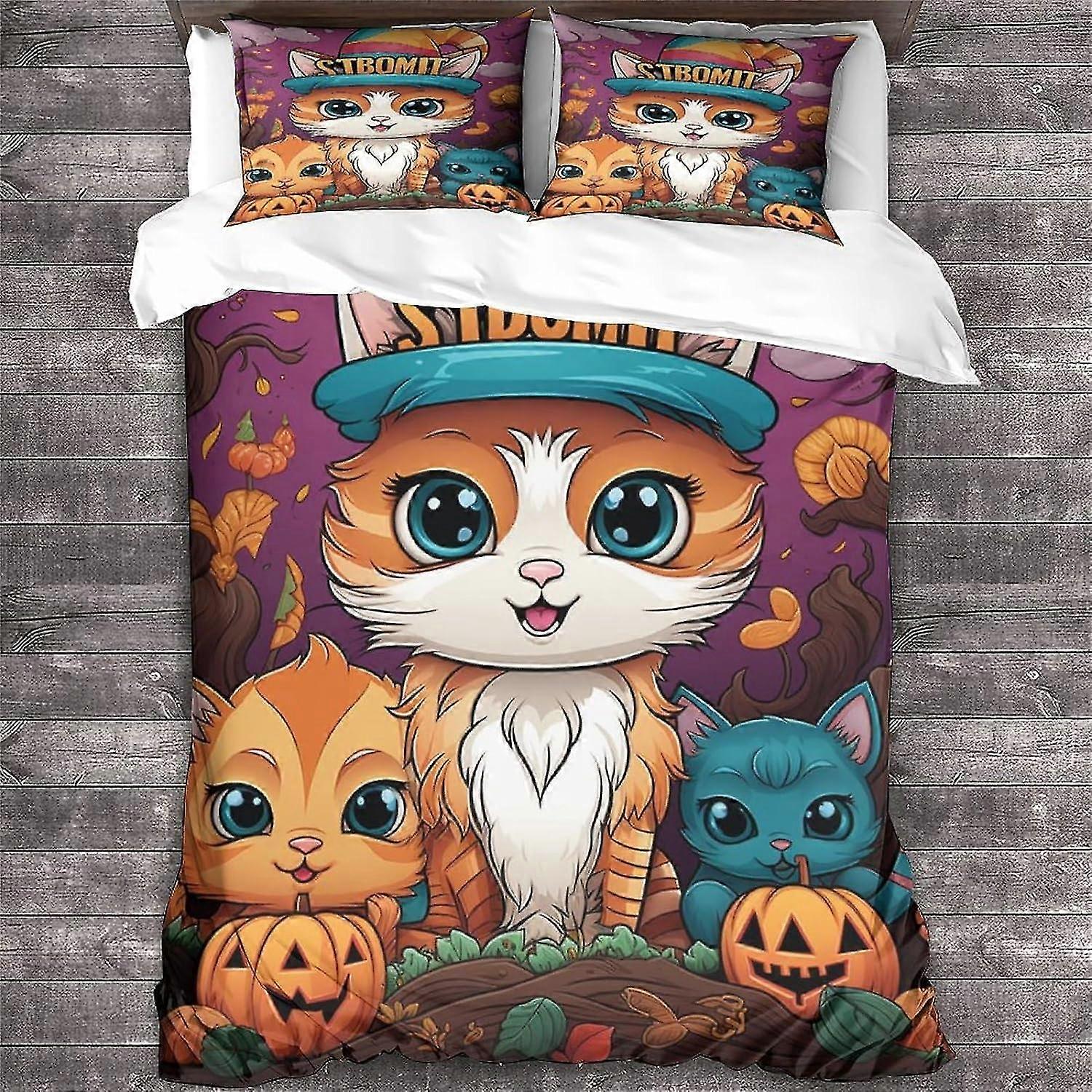 Conjunto de capa de edredom animal para gatos Capa de colcha de Halloween Zíper macio com fronha King