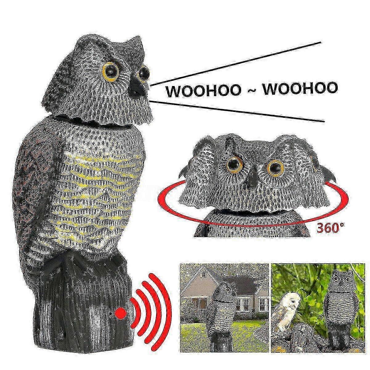 Realistic Plastic Owl Scarecrow with Rotating Head and Sound for Bird Repellent in Gardens and Farms
