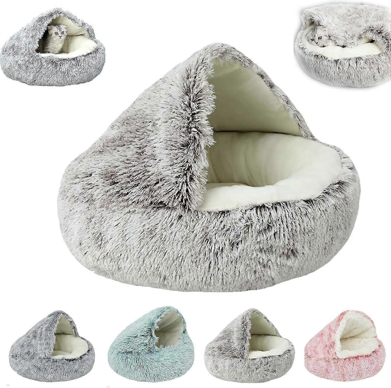 Lapcatz Round Plush Fluffy Hooded Cat Bed Cave Cozy Winter Pet Nest Light Grey 60 cm
