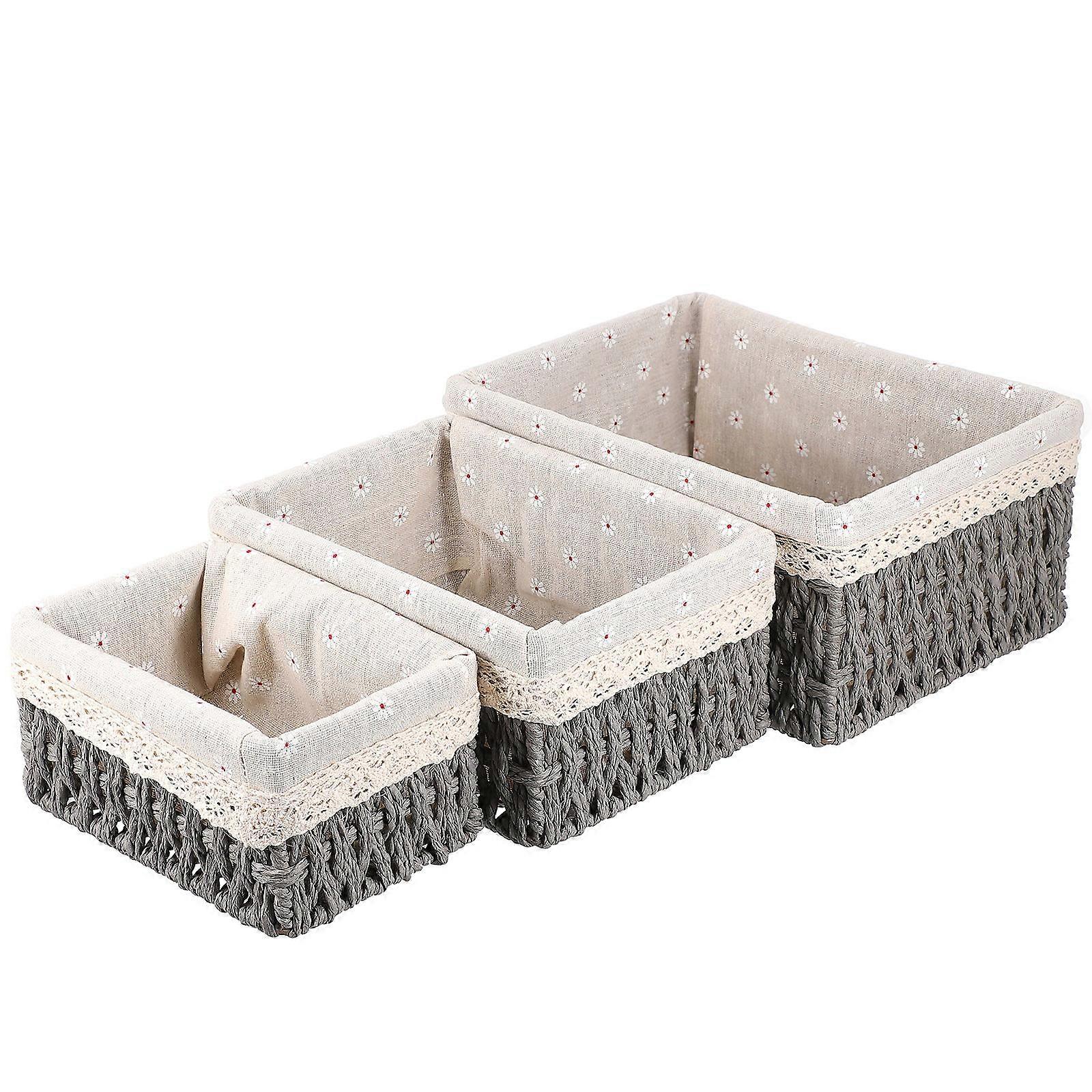 3Pcs Desktop Storage Basket Woven Design Grey Color For Sundries Organization At Home And Office