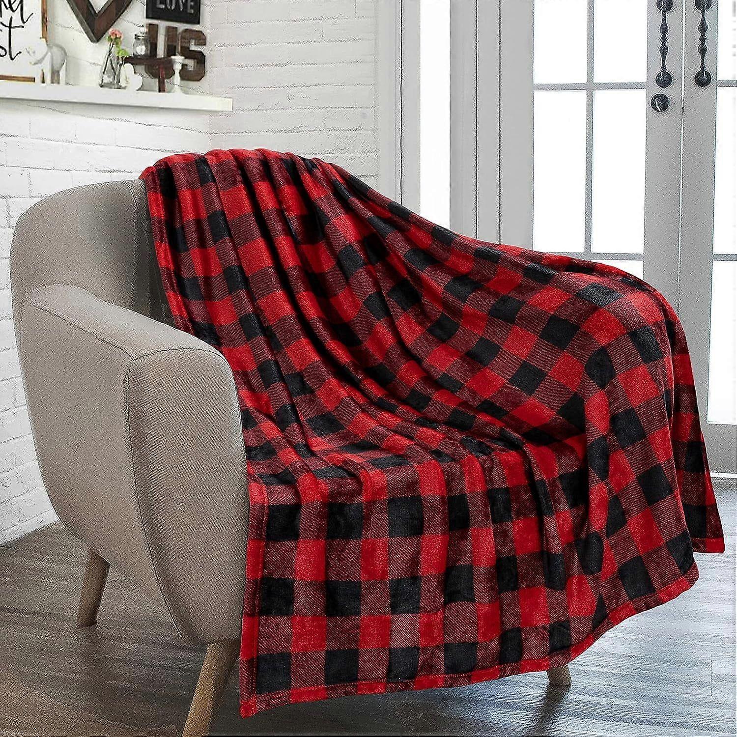 Buffalo Plaid Throw Blanket for Sofa Couch | Soft Flannel Fleece Red Black