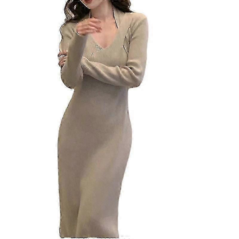 Women Girls Dress Comfortable Halter Slim Fit Knitted With Split Long Underskirt Inside