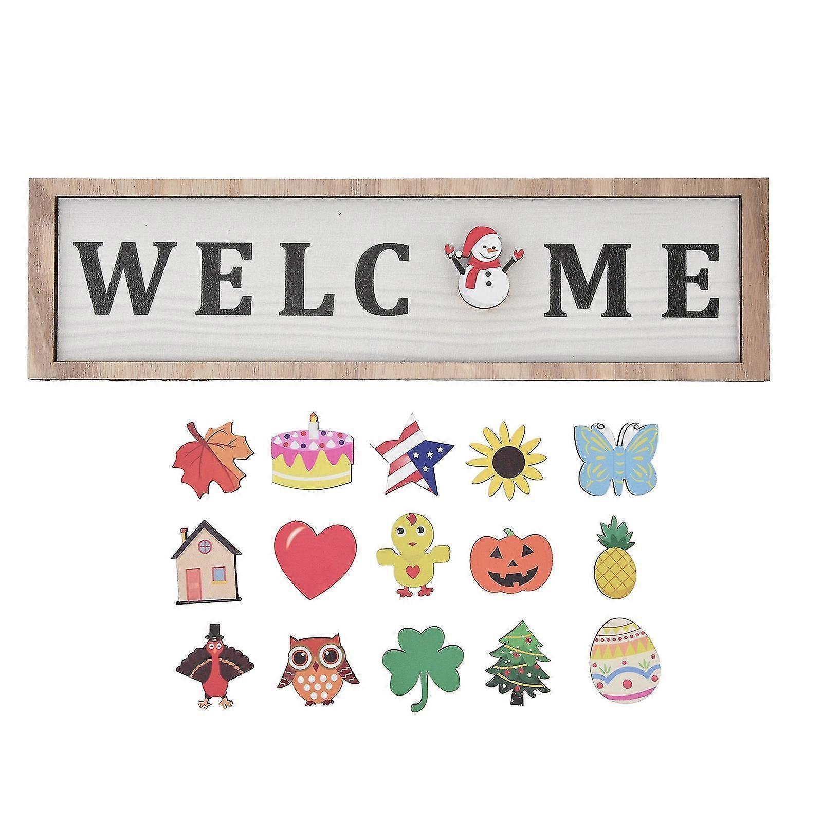 Door Sign Wooden Seasonal Rustic Welcome Door Decoration with 16 Interchangeable Icons for Farmhouse Office Home
