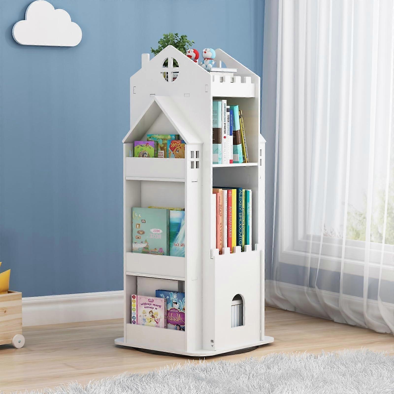 3 Tier Kids Bookcase Standing Rotating 360 Degree Wooden Spinning Bookshelf Castle Toddler Swivel Bookcase