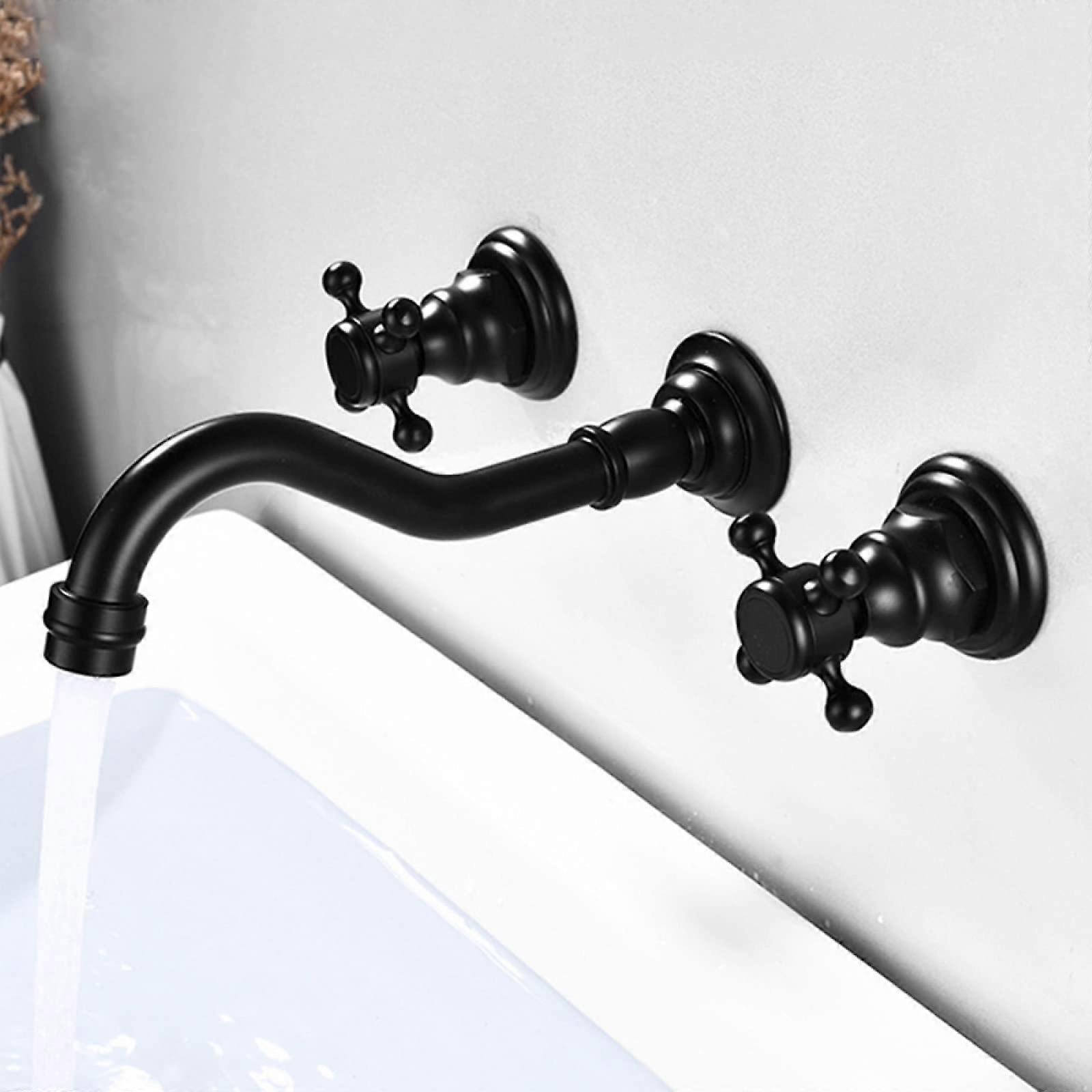 Basin Wall Mounted Black Brass Basin Mixer 360Degree Rotating Spout Dual Handles Hot Cold Faucet B Commemoration Day