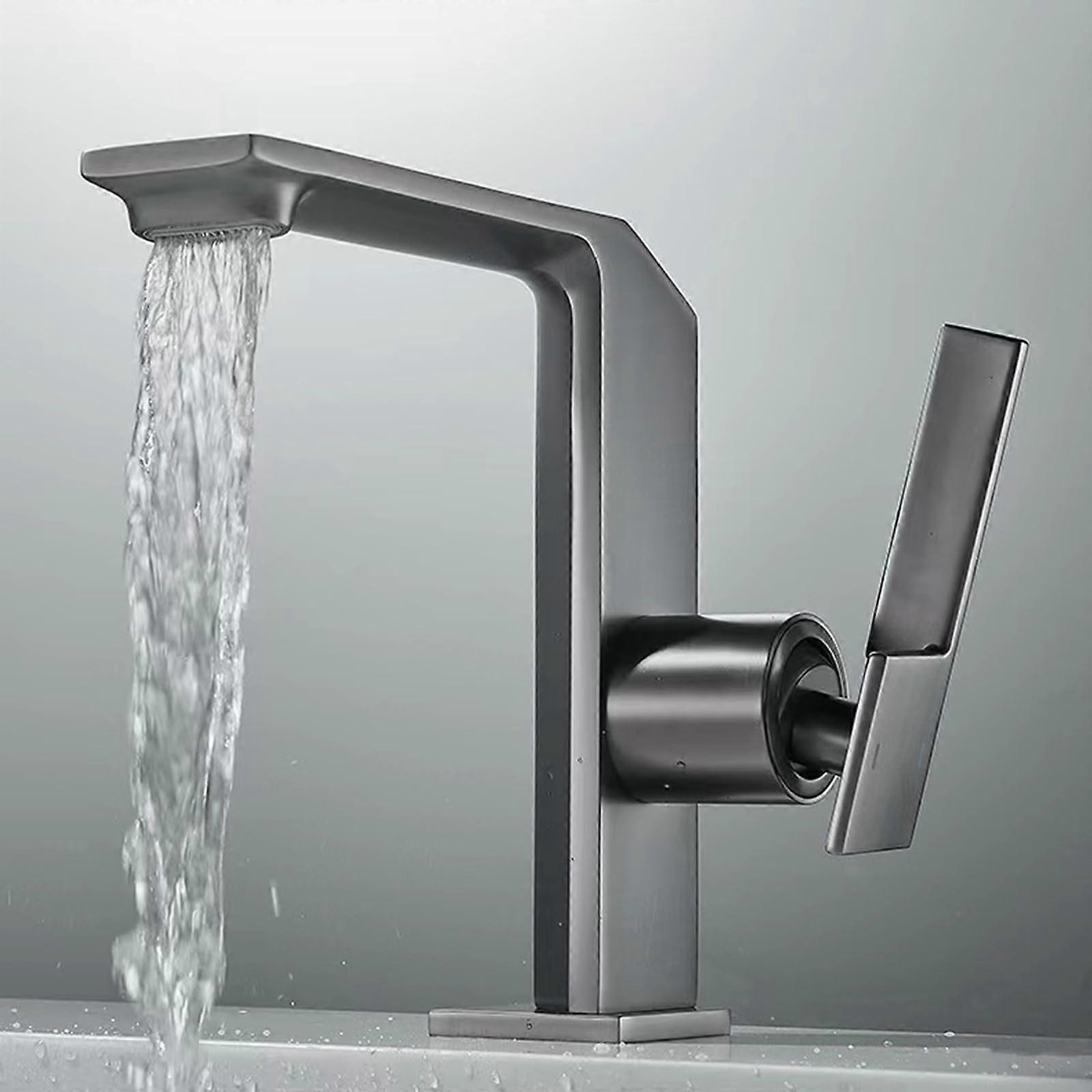 Waterfall Taps For Bathroom Sink Basin Mixer Tap Single Handle Waterfall Basin Sink Mixer Tap Hot And Cold, Gun Gray