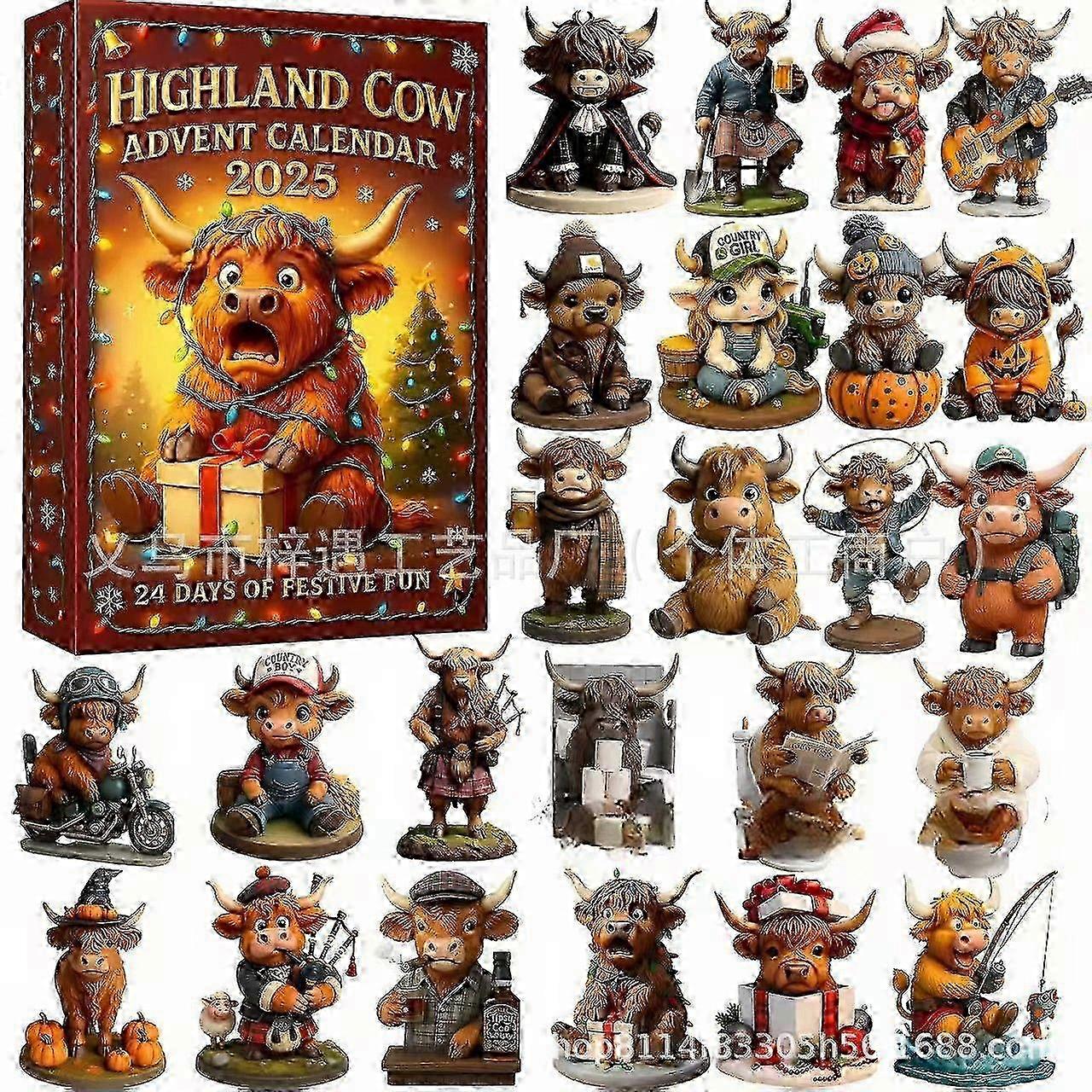 Highland Cow Advent Calendar 2025,24 Days Christmas Countdown Calendar with 24 PCS Cute Highland Cow Hanging Ornaments,2D Acrylic Highland Cow O miao7