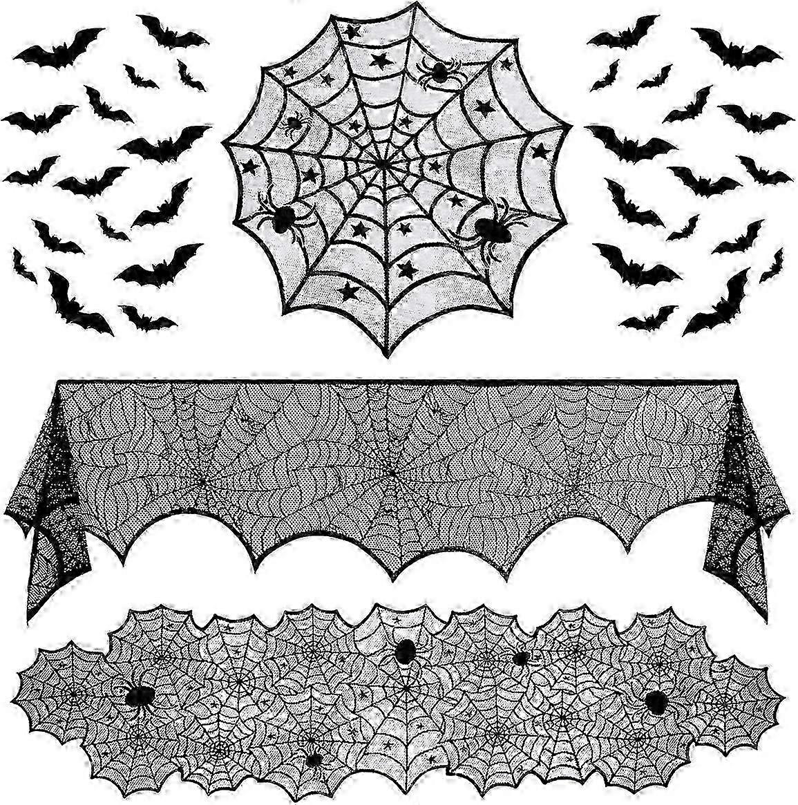 35pcs Lace Table Runner and Spiderweb Round Lace Table Cover for Halloween Decoration