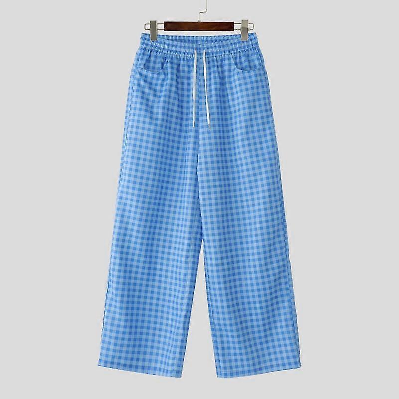 INCERUN Men Drawstring Elastic Waist Plaid Casual Long Straight Pants Trousers