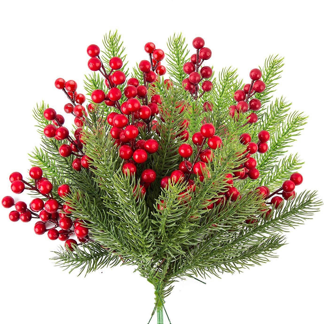 30 Pieces Artificial Pine Branches with Red Holly Berries for Christmas Wreath and Tree Decorations