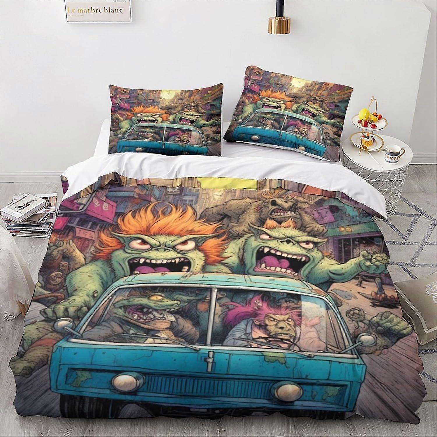 LikeEj monstro edredom capa de cama de microfibra conjunto, impressão 3D vintage carro edredom colcha capa&fronha com fechamento de zíper, inverno macio edredom dos desenhos animados enseada