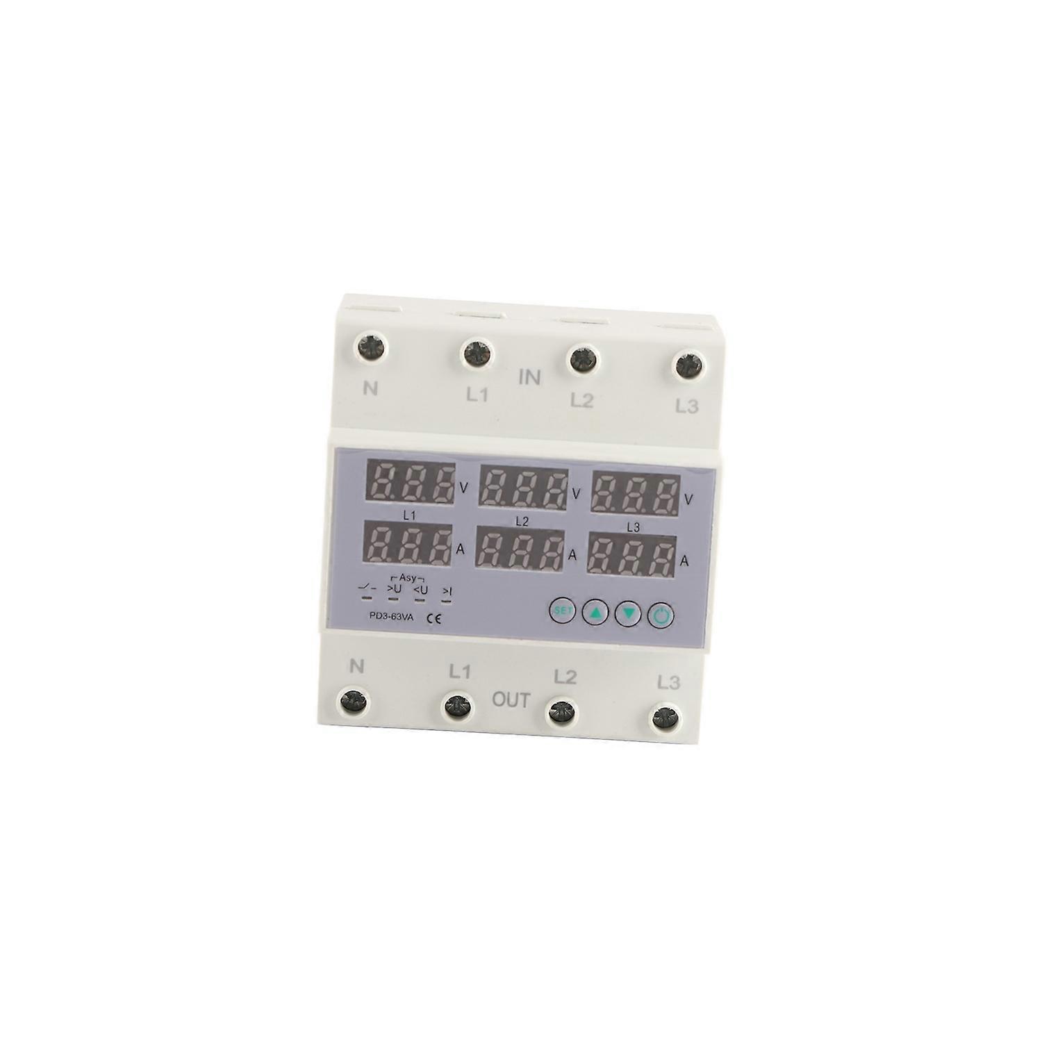 3 Phase DIN Rail Voltmeter Ammeter Automatic Overvoltage Overcurrent Protector AC 390‑500V 40A