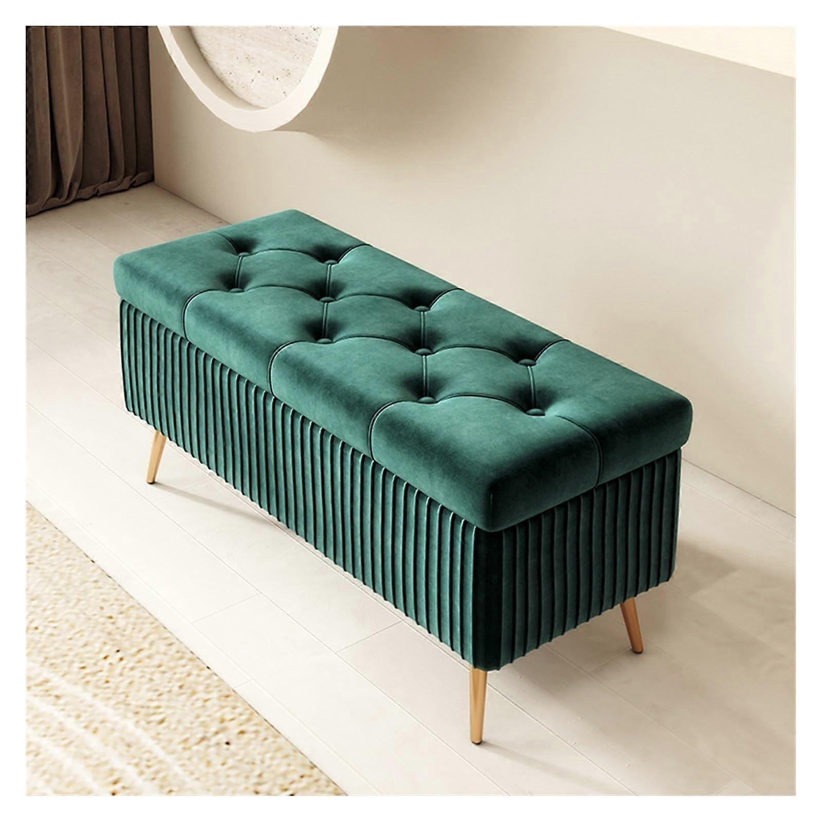 Dark Green Bedroom Storage Bench with Cushion for End of Bed or Entryway, 100x40x45cm