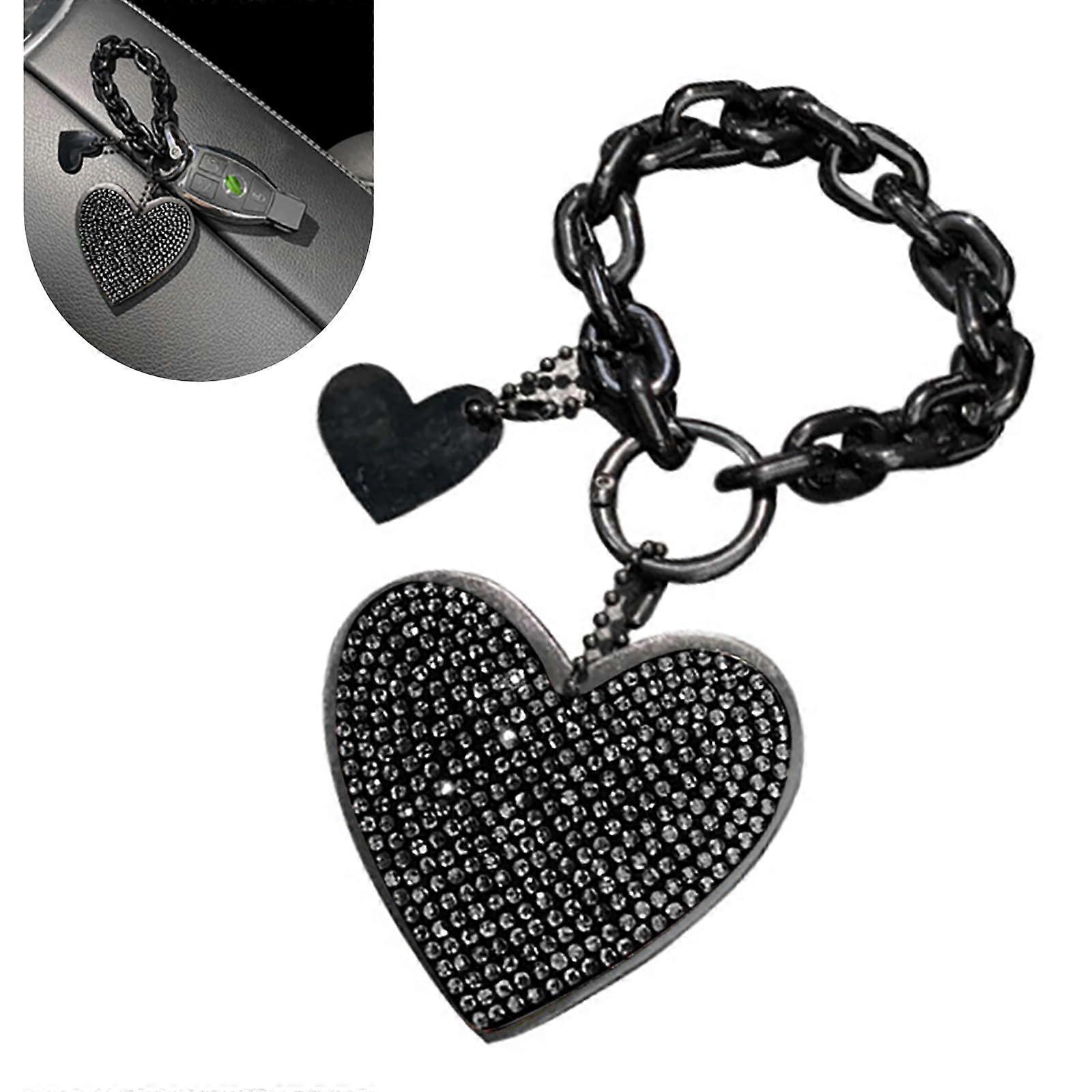 Heart Keychain with Wristlet Strap, Sparkling Rhinestone Design for Bags, Keys, and Car Accessories (Black)