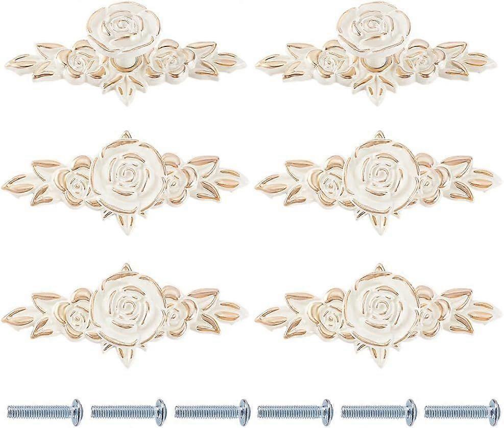 6 Sets Euro Rose Cabinet Knobs with Back Plate Vintage Decorative Flower Drawer Pulls with Golden Edge Alloy Ivory White Drawer Handle Knob for Vanity
