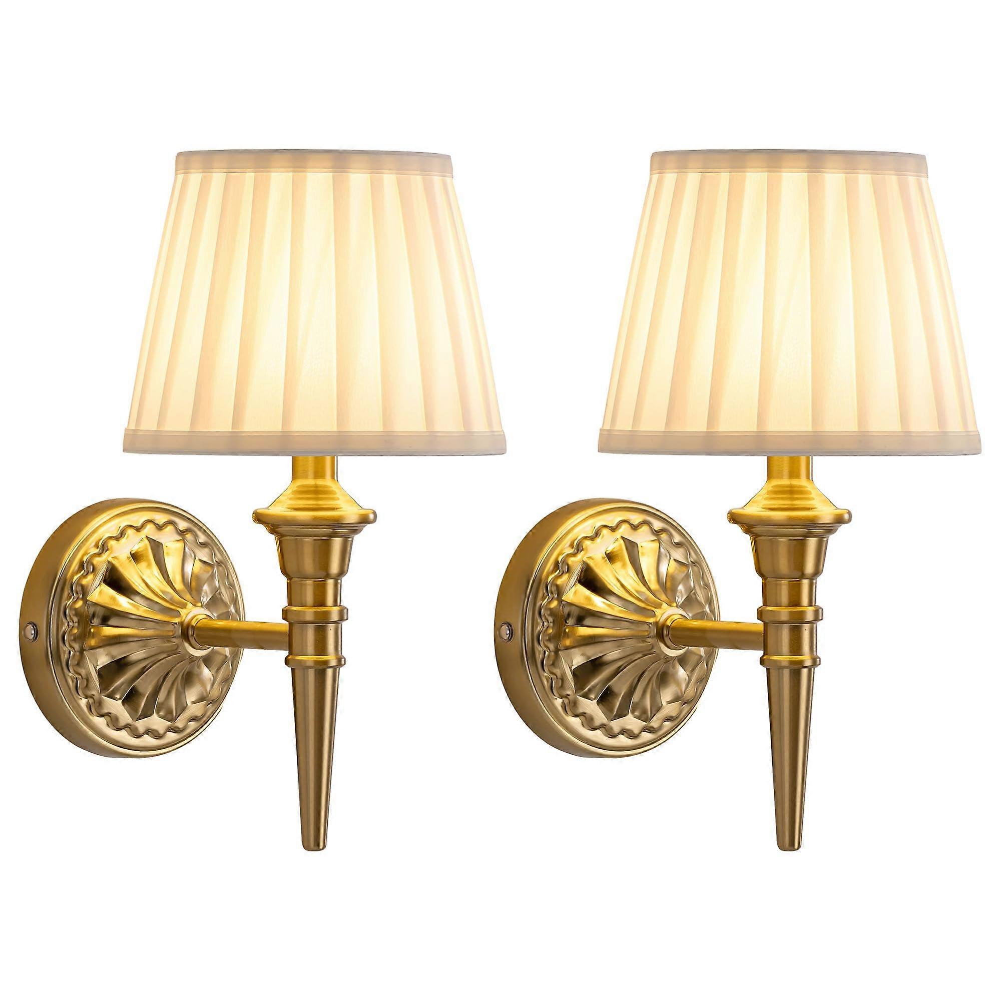 LED Wall Sconce Set of 2 Cordless Rechargeable 5200mAh Touch Dimmable Gold Fabric Shade