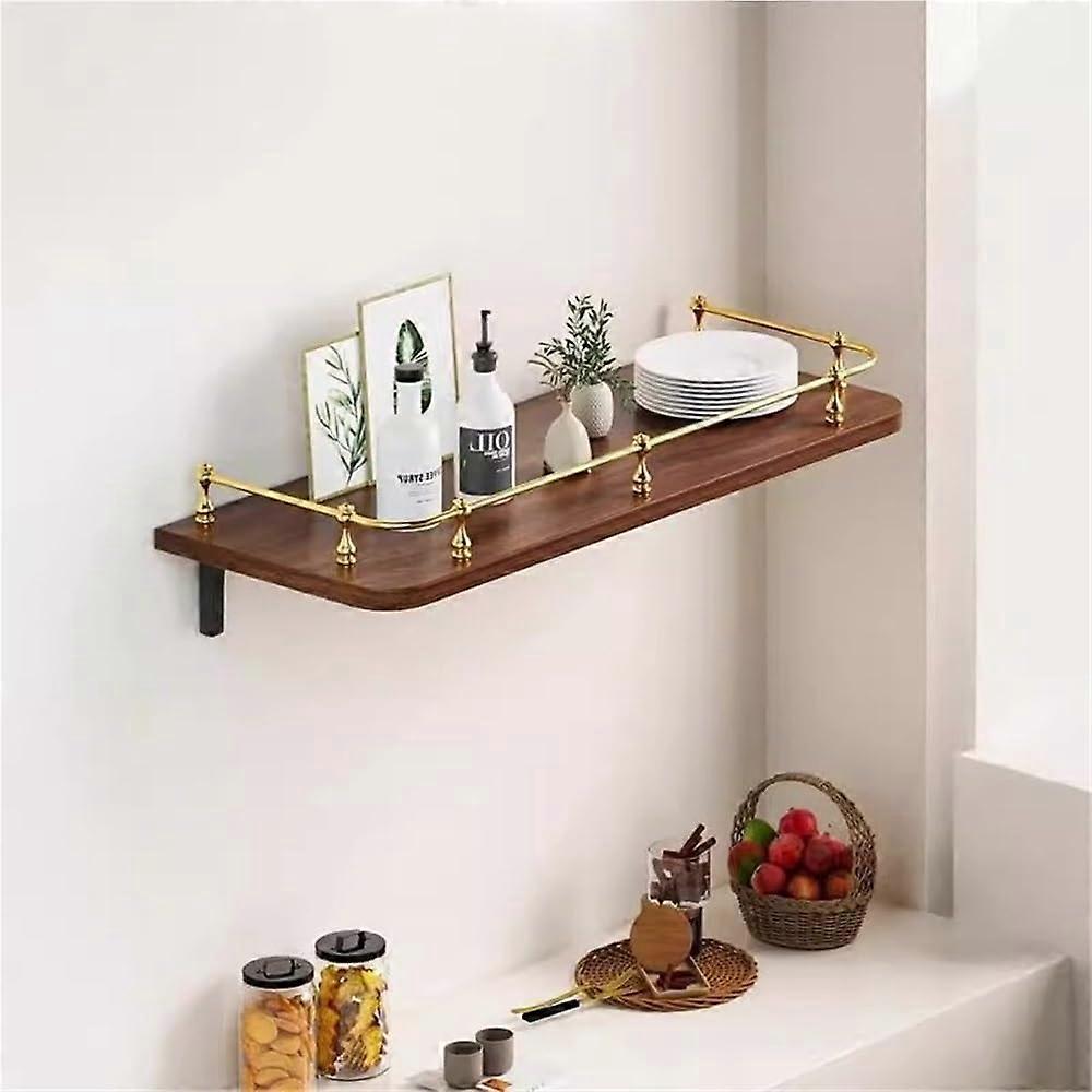 Solid Wood Floating Shelves with Gold Guardrail, Rustic Wall Mounted Storage for Kitchen Bathroom, Brown 60cm