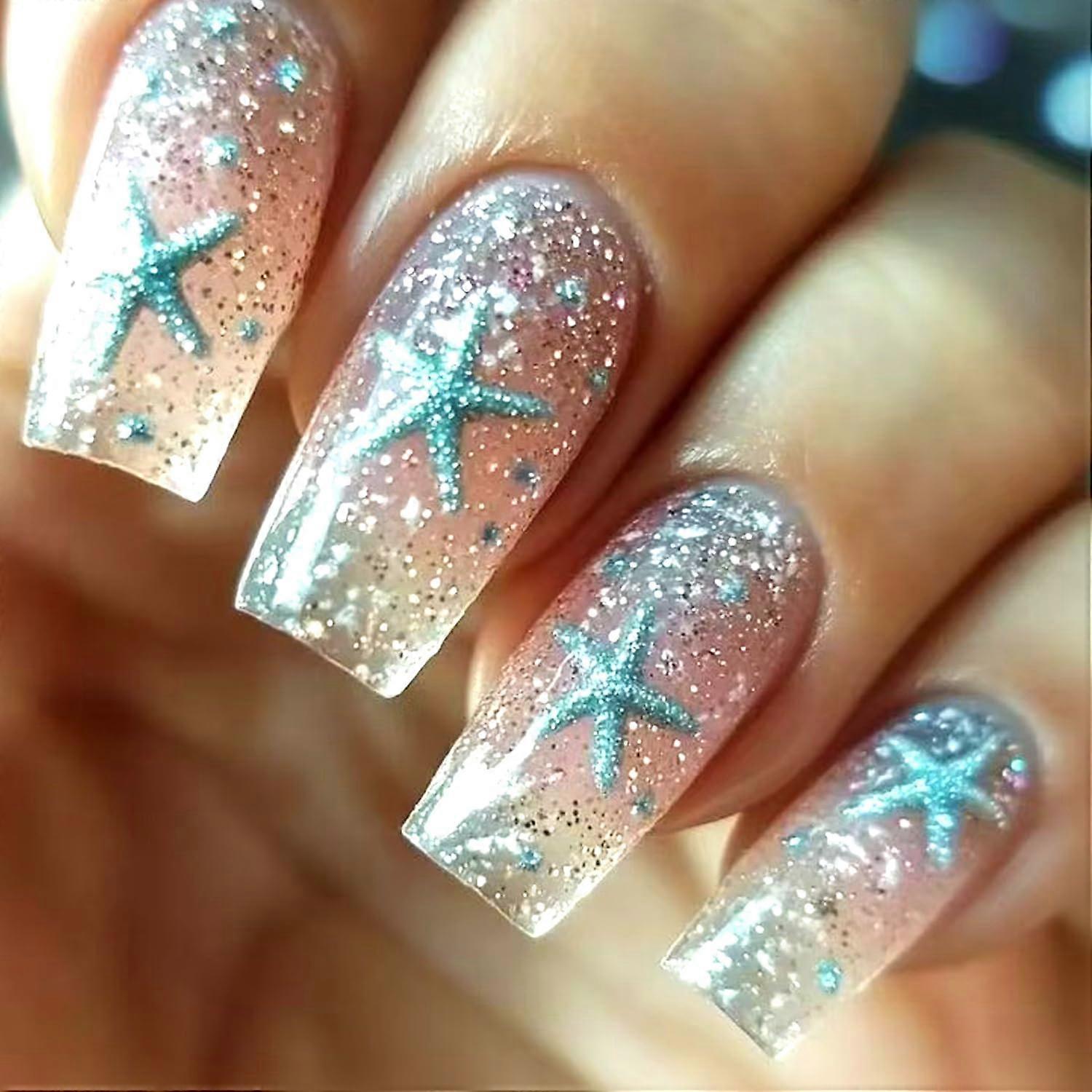 Light Blue Starfish Press on Nails Medium Square Acrylic Fake Nails Glossy Reusable 24pcs Set