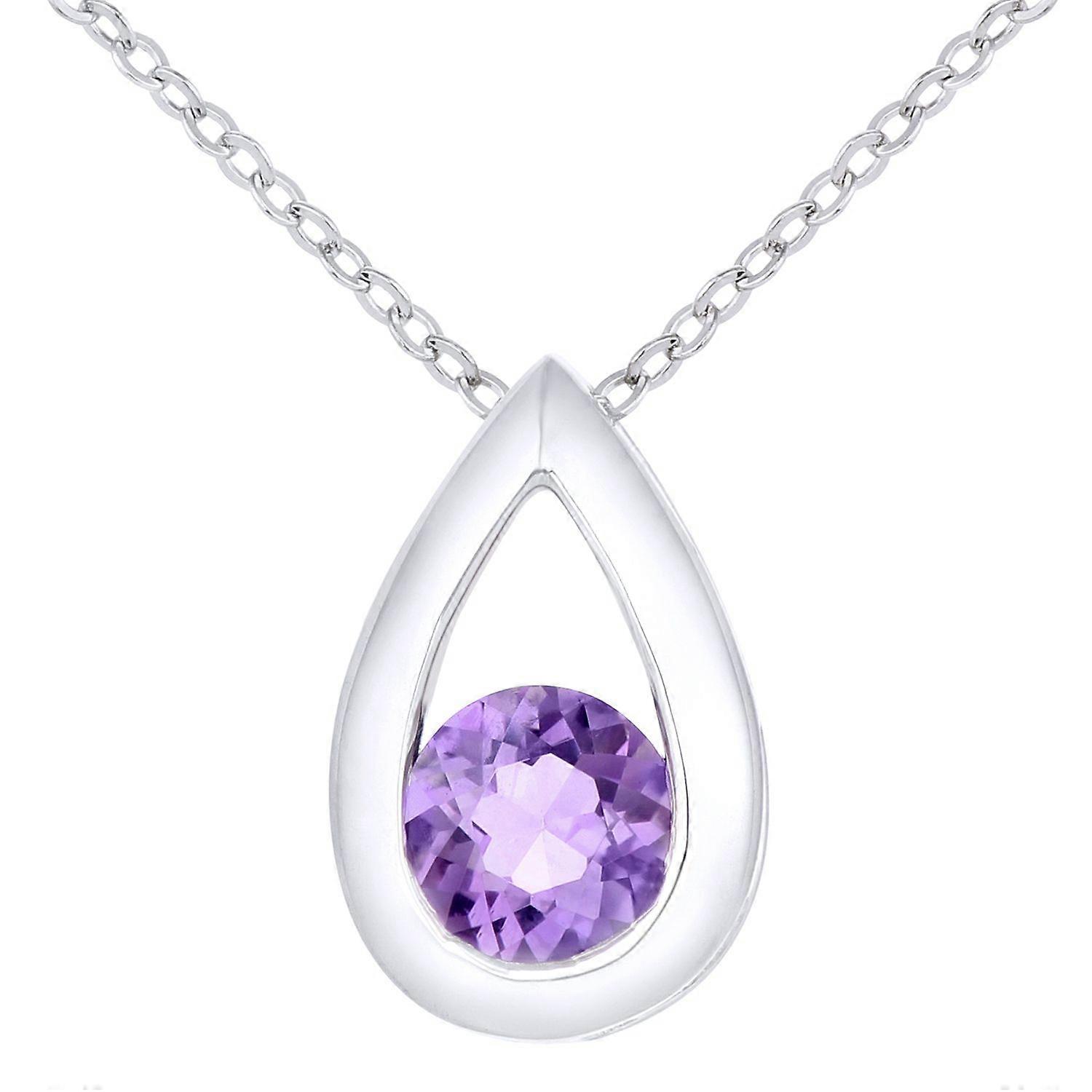 Jewelco London 9ct White Gold Round 22pts Amethyst Teardrop Pendant Necklace 18 inch 46cm