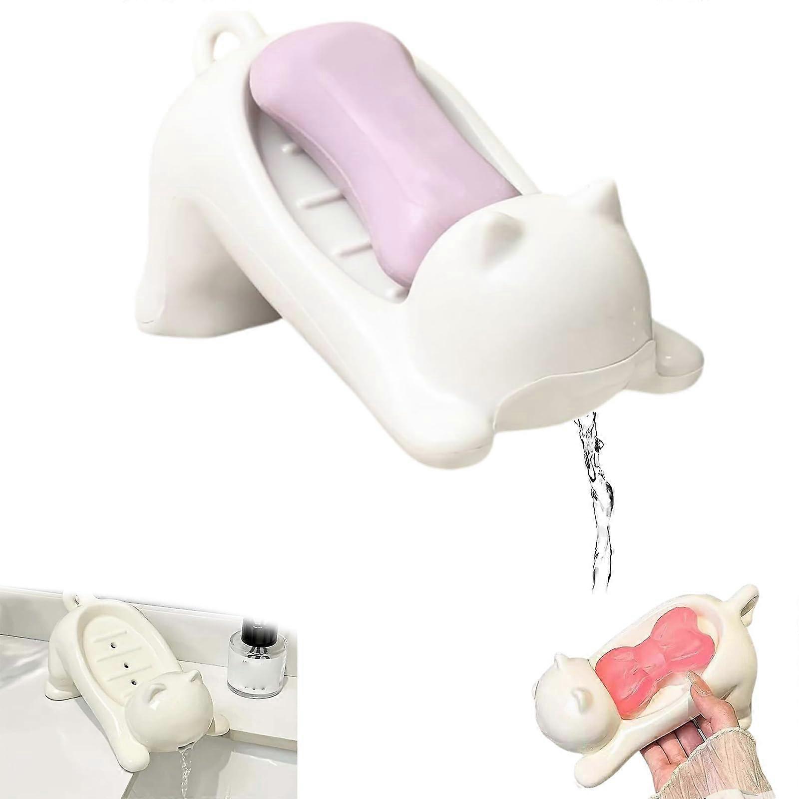 2PCS Cat Soap Dish with Self Draining Design, Cute Cat Shape Bathroom or Kitchen Soap Holder