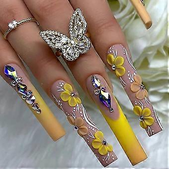 Long Square French Tip Press On Nails Yellow Ombre with Rhinestones Acrylic Set 24pcs