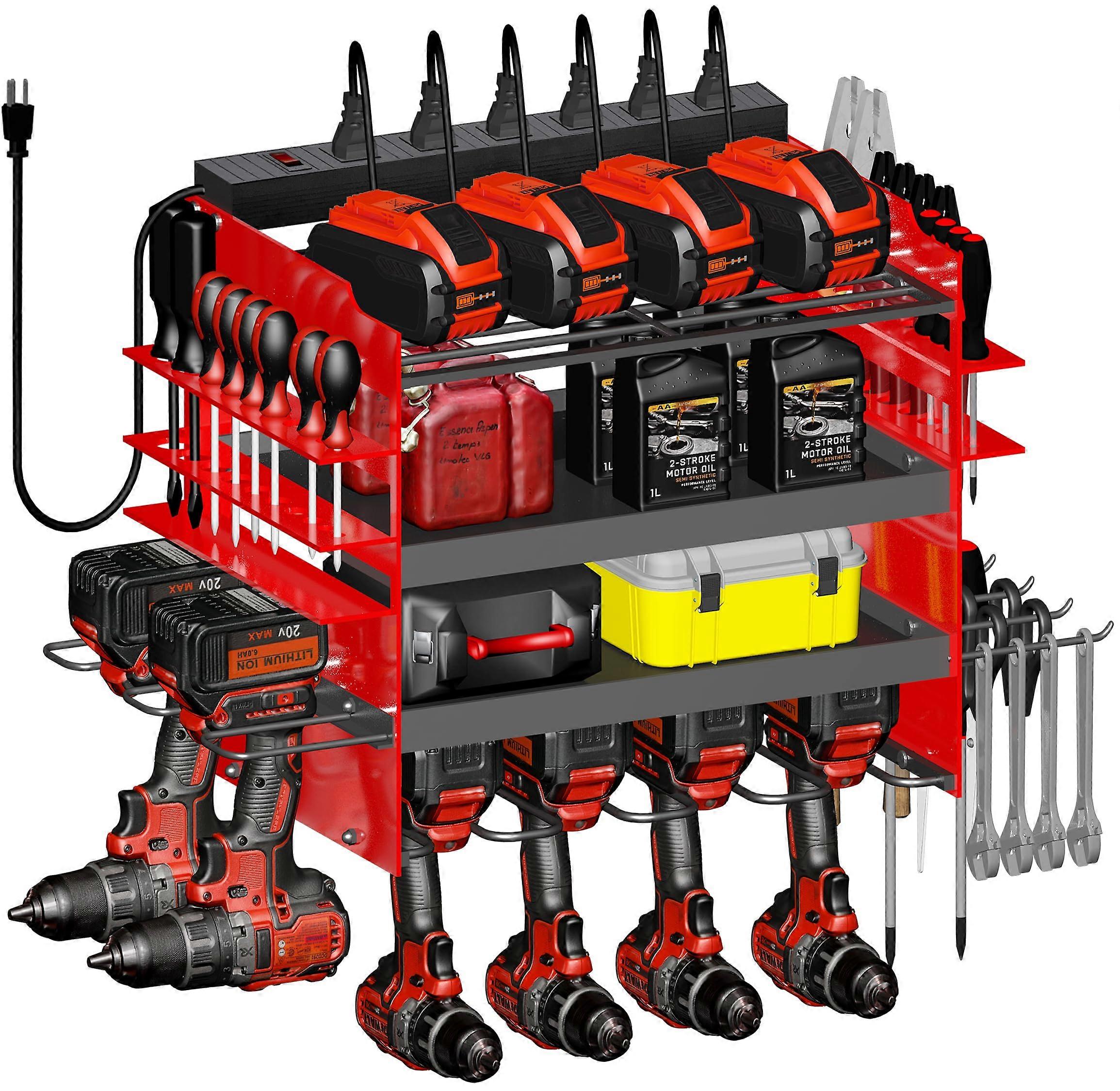 Power Tool Organizer Wall Mount with Charging Station, Heavy Duty 4Layer Drill Storage Rack for Garage