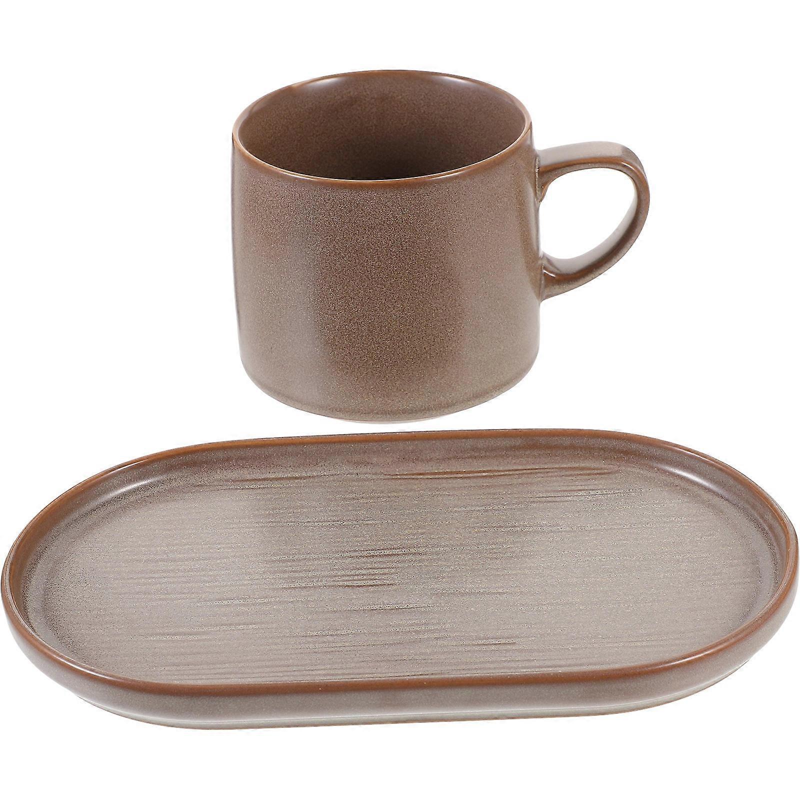 Breakfast Cup Ceramic Mug with Saucer for Home Use 1Set Brown