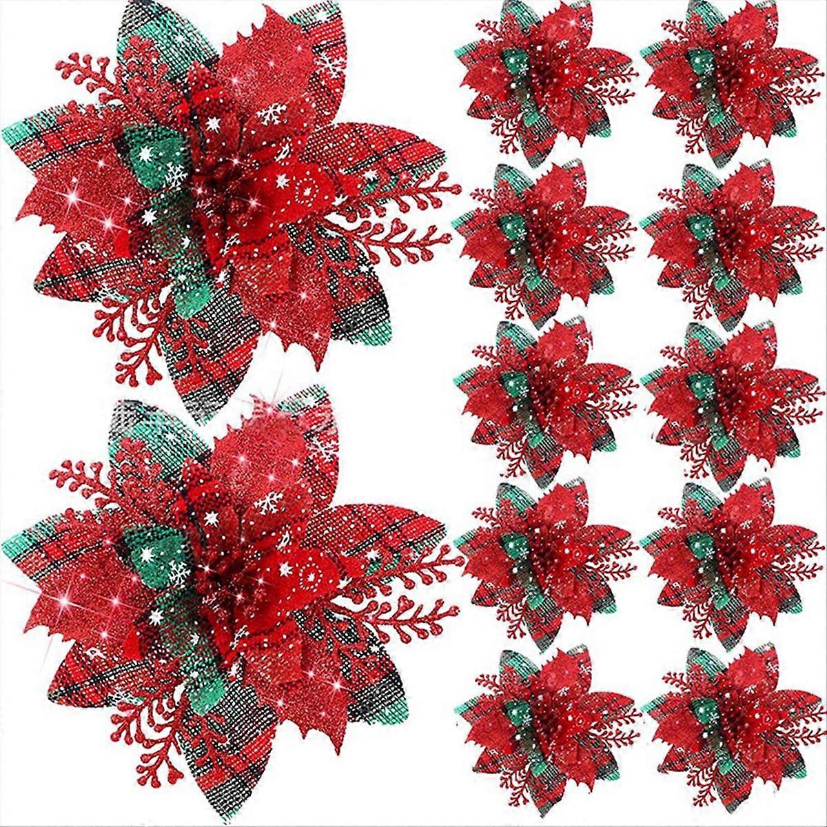 20PCS 14.5cm Glitter Artificial Christmas Flowers,E