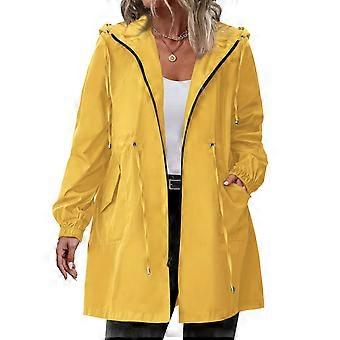 Lichtgewicht, waterdichte en winddichte trenchcoat met capuchon voor dames in grote maten, effen geel, maat XL